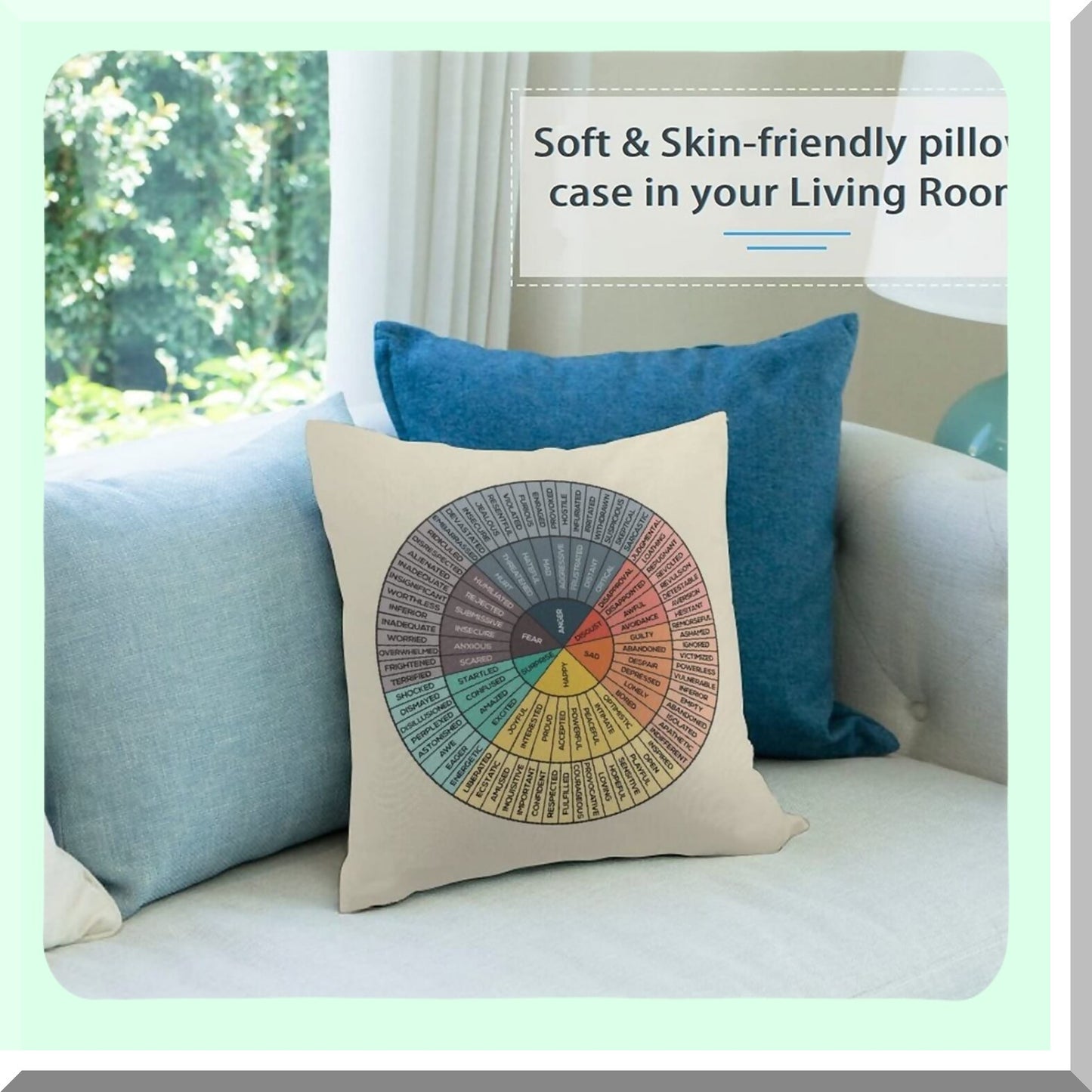 Emotion Wheel Velvet Pillow Covers - Cozy Square Cushion Cases for Home Decor, Bed, Couch, Sofa, Office, Living Room - Therapy Gifts for Counselors, Physical Therapists - 18"x18"