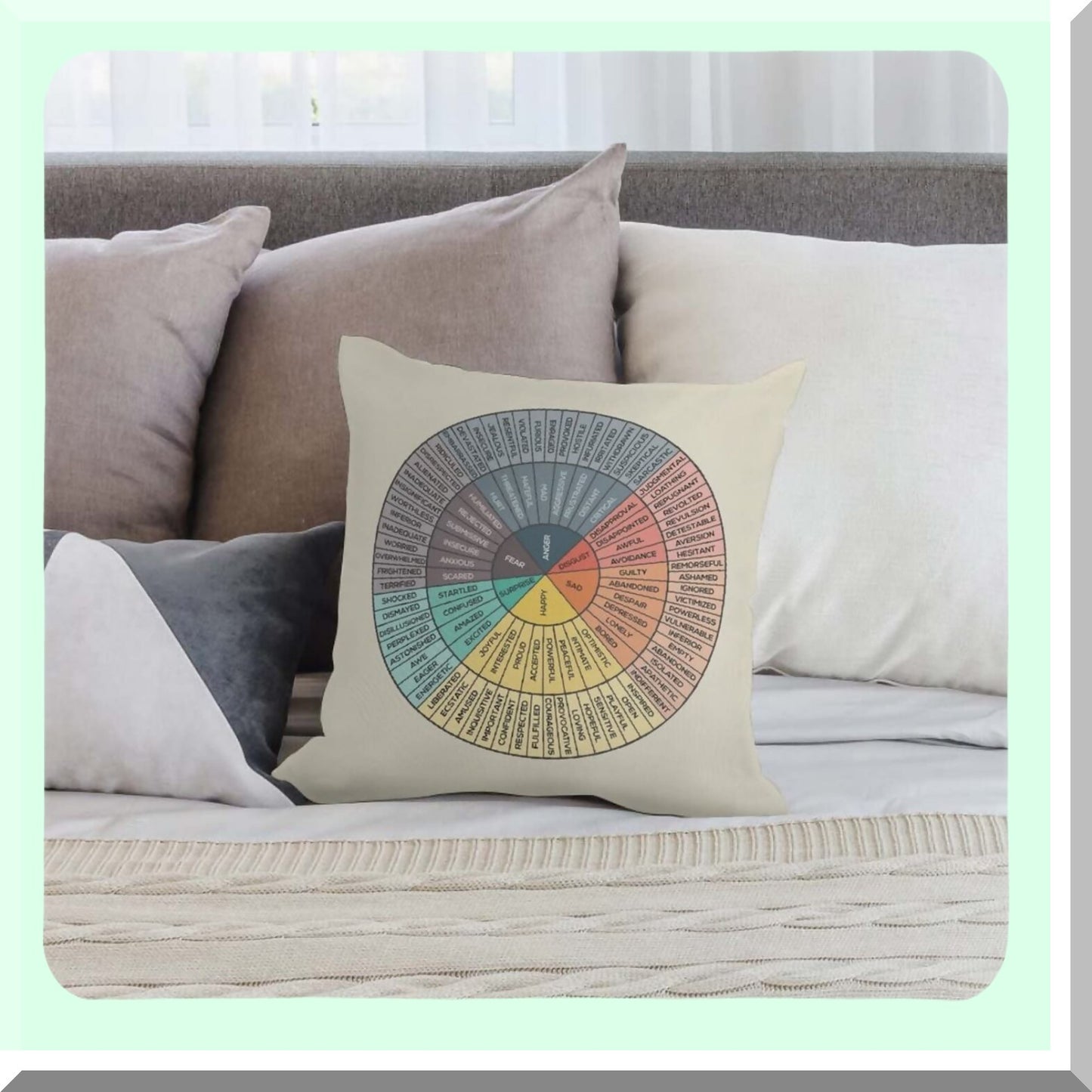 Emotion Wheel Velvet Pillow Covers - Cozy Square Cushion Cases for Home Decor, Bed, Couch, Sofa, Office, Living Room - Therapy Gifts for Counselors, Physical Therapists - 18"x18"