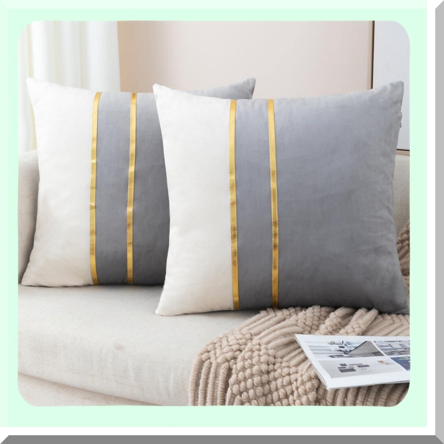 Luxury Velvet Patchwork Gold Leather Pillow Covers - Set of 2 Grey White 22 Inch Cushion Covers for Living Room, Bedroom, Sofa, Car Décor