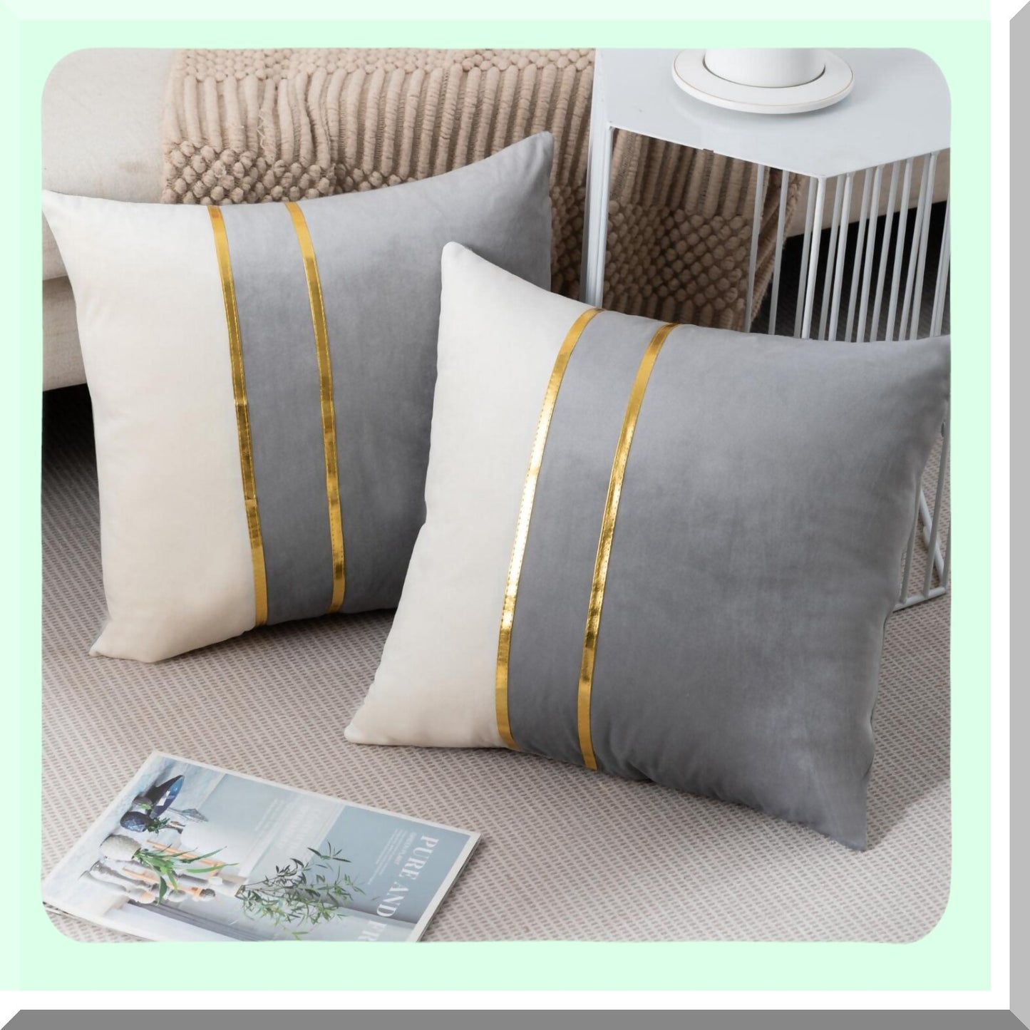 Luxury Velvet Patchwork Gold Leather Pillow Covers - Set of 2 Grey White 22 Inch Cushion Covers for Living Room, Bedroom, Sofa, Car Décor
