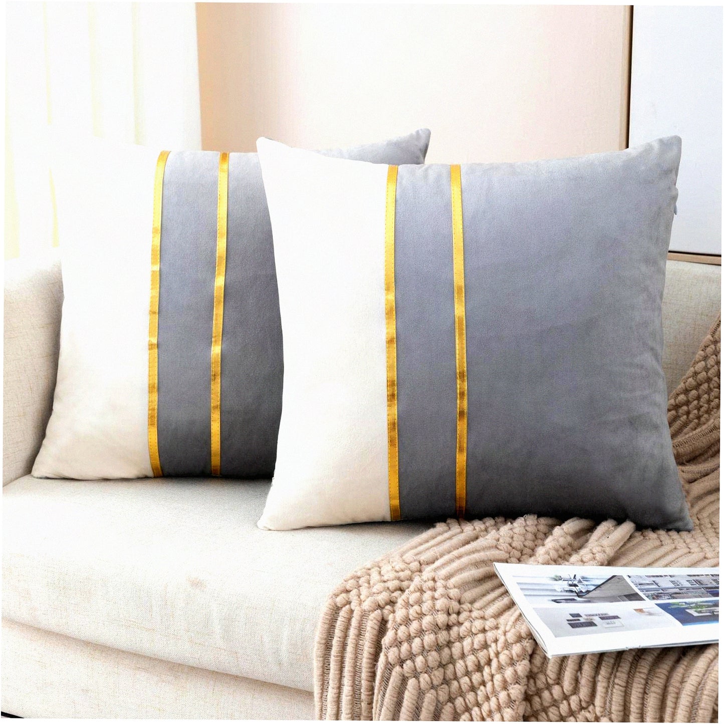 Luxury Velvet Patchwork Gold Leather Pillow Covers - Set of 2 Grey White 22 Inch Cushion Covers for Living Room, Bedroom, Sofa, Car Décor