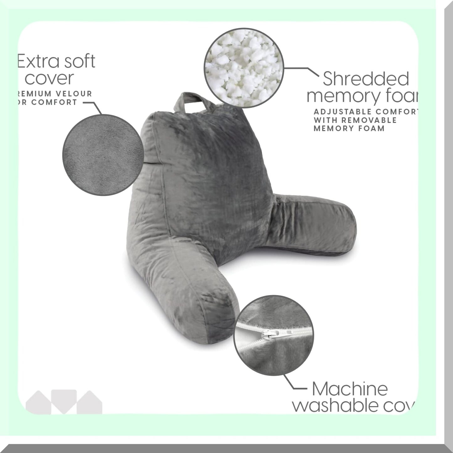 MemoryFoam ComfortRest - Large Adult Backrest with Arms for Sitting Up in Bed. Washable Cover Reading Pillow for Back Support and Comfort.