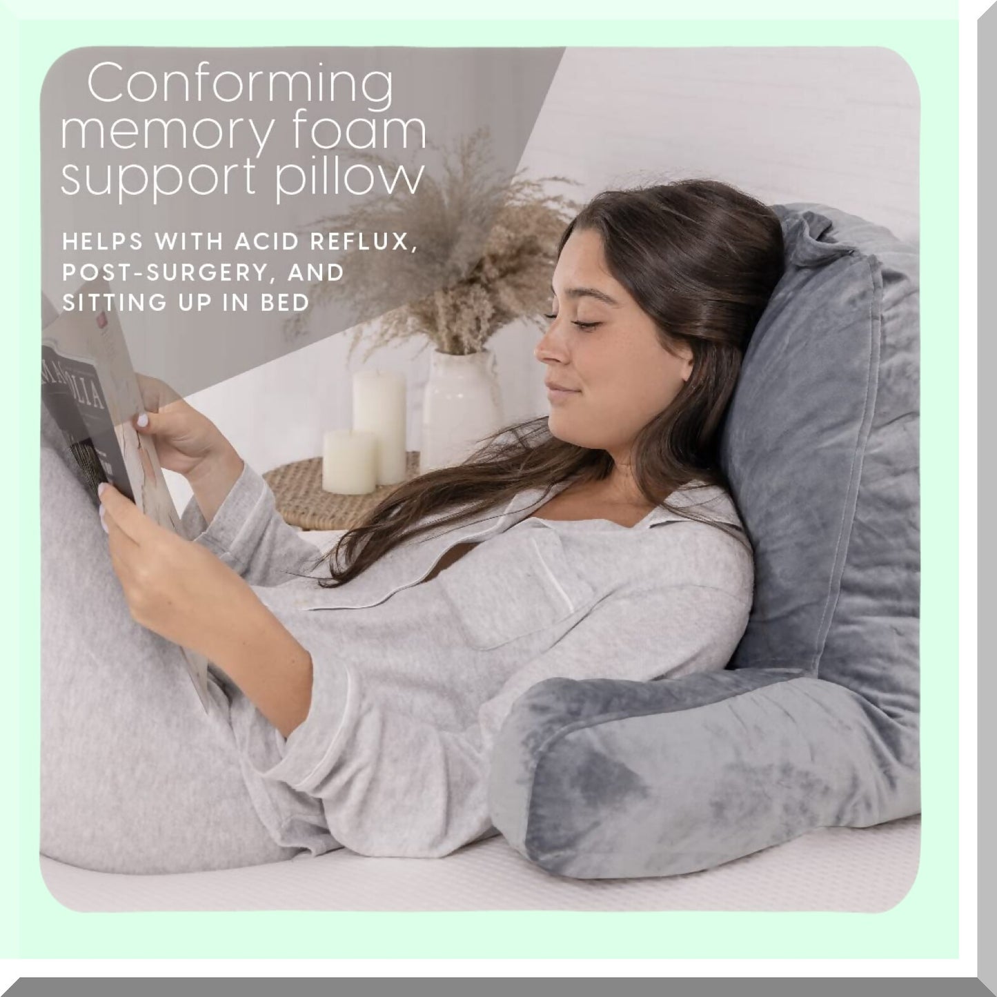 MemoryFoam ComfortRest - Large Adult Backrest with Arms for Sitting Up in Bed. Washable Cover Reading Pillow for Back Support and Comfort.