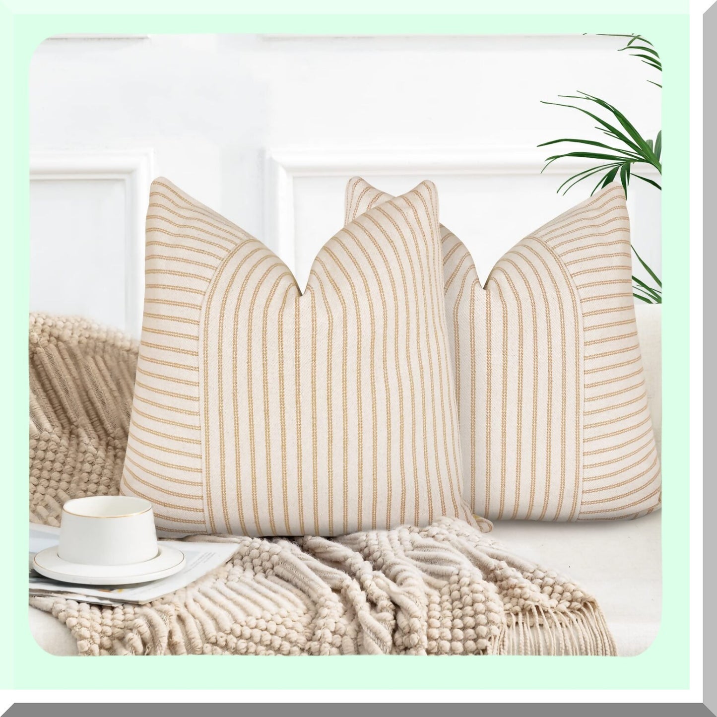 Striped Linen Farmhouse Pillow Set - Khaki & Beige 26x26 - Modern Square Throw Cushion Covers - Couch Chair Bedroom Decor - Fall Accent Decorations