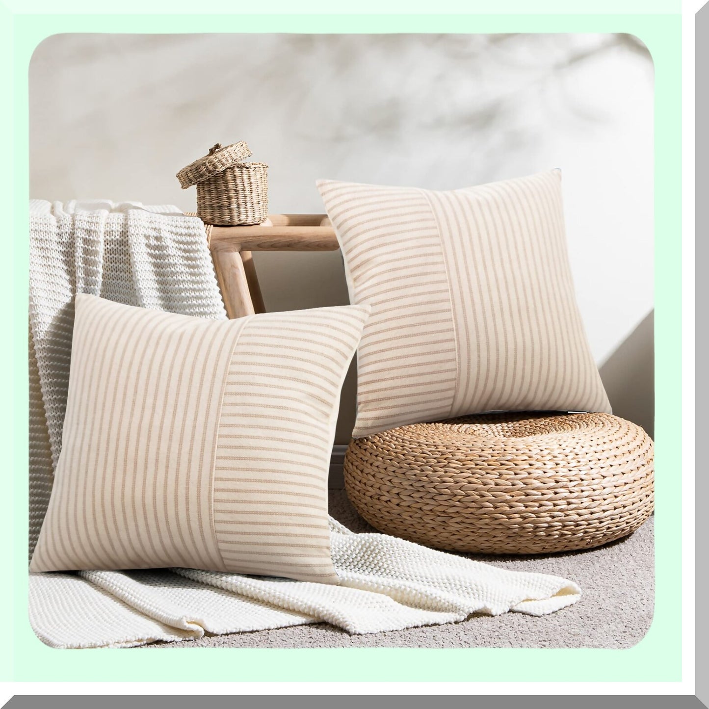 Striped Linen Farmhouse Pillow Set - Khaki & Beige 26x26 - Modern Square Throw Cushion Covers - Couch Chair Bedroom Decor - Fall Accent Decorations