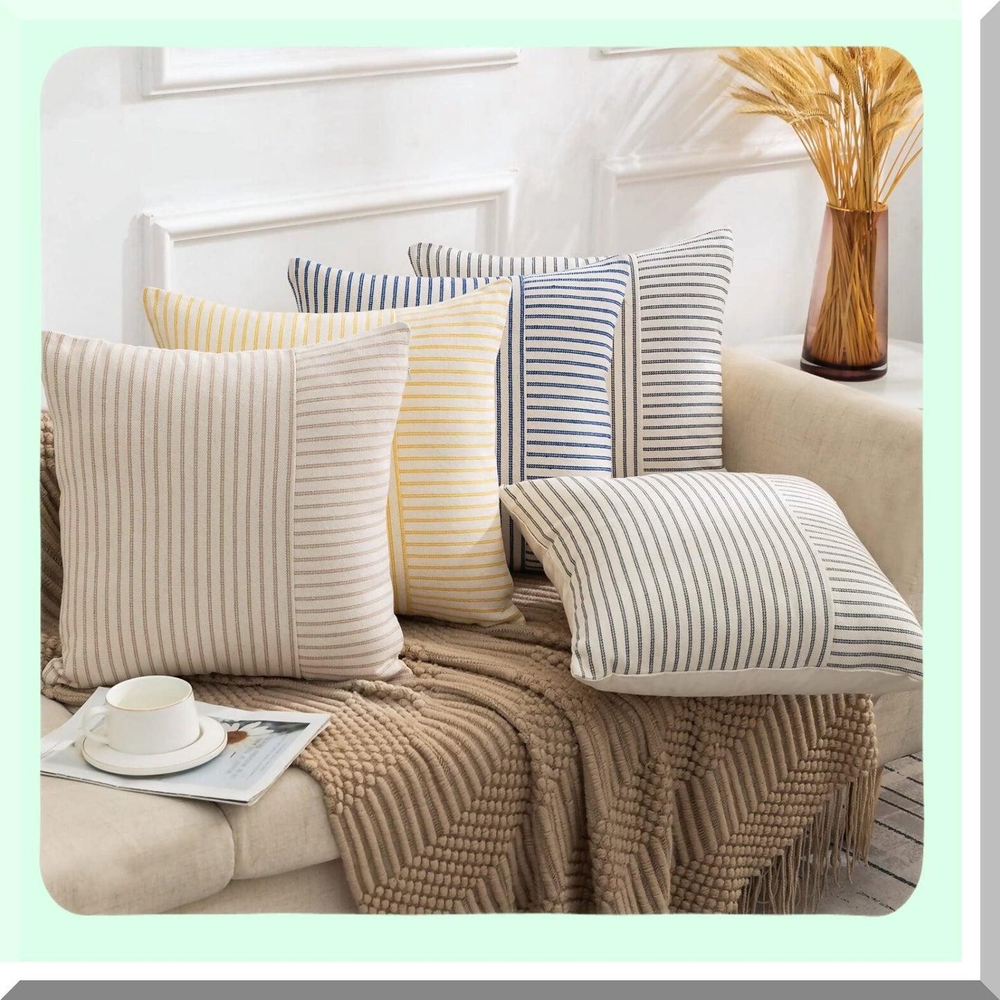 Striped Linen Farmhouse Pillow Set - Khaki & Beige 26x26 - Modern Square Throw Cushion Covers - Couch Chair Bedroom Decor - Fall Accent Decorations