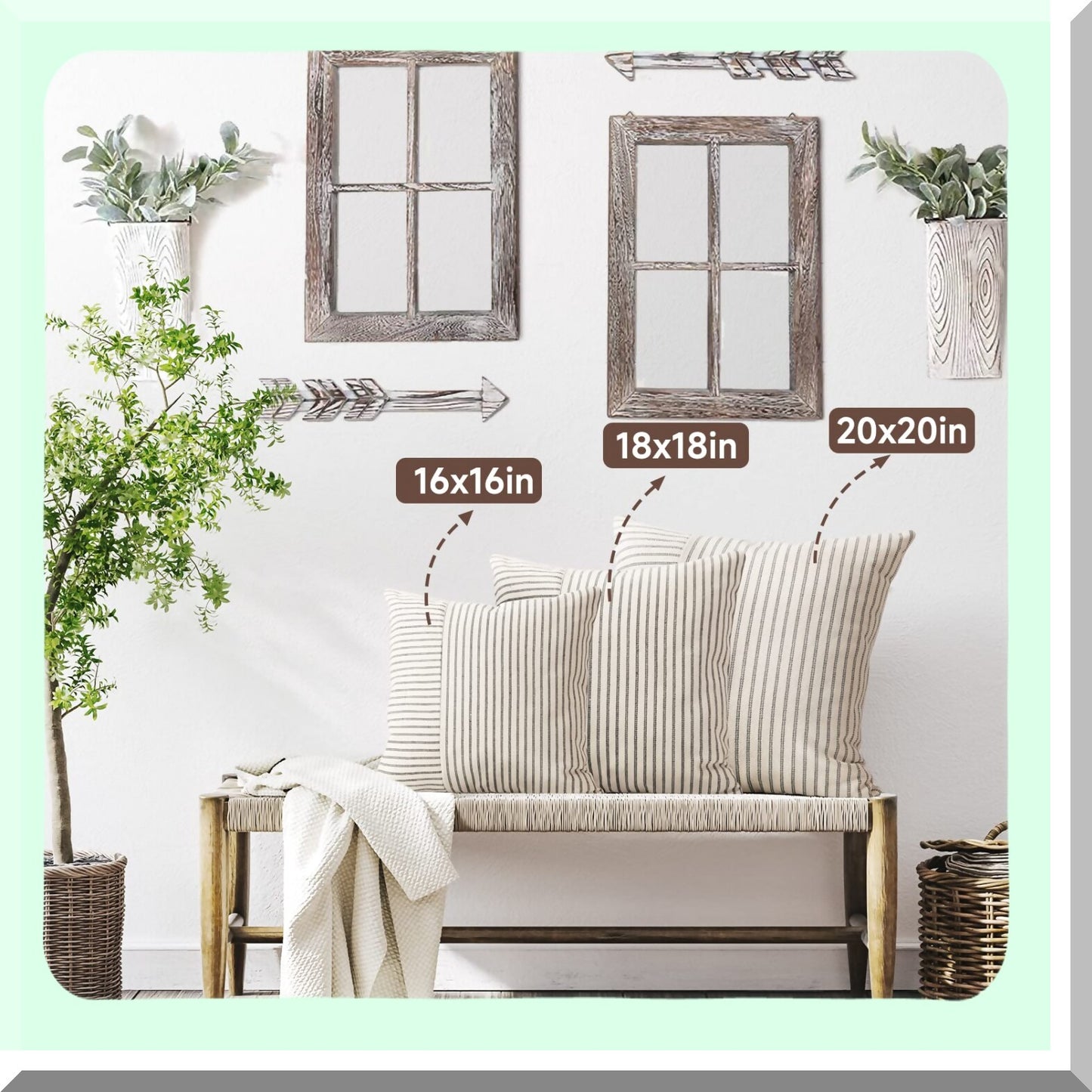 Striped Linen Farmhouse Pillow Set - Khaki & Beige 26x26 - Modern Square Throw Cushion Covers - Couch Chair Bedroom Decor - Fall Accent Decorations