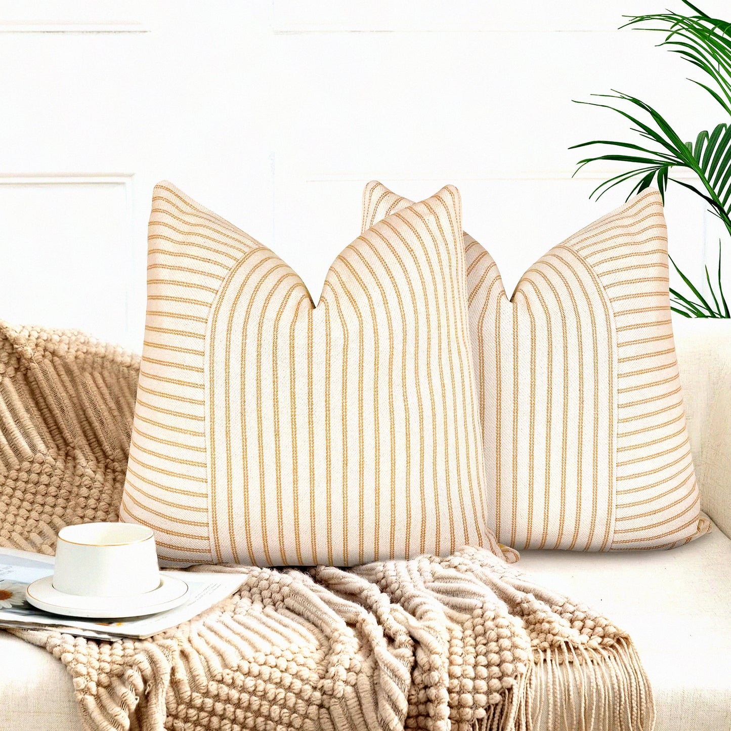 Striped Linen Farmhouse Pillow Set - Khaki & Beige 26x26 - Modern Square Throw Cushion Covers - Couch Chair Bedroom Decor - Fall Accent Decorations