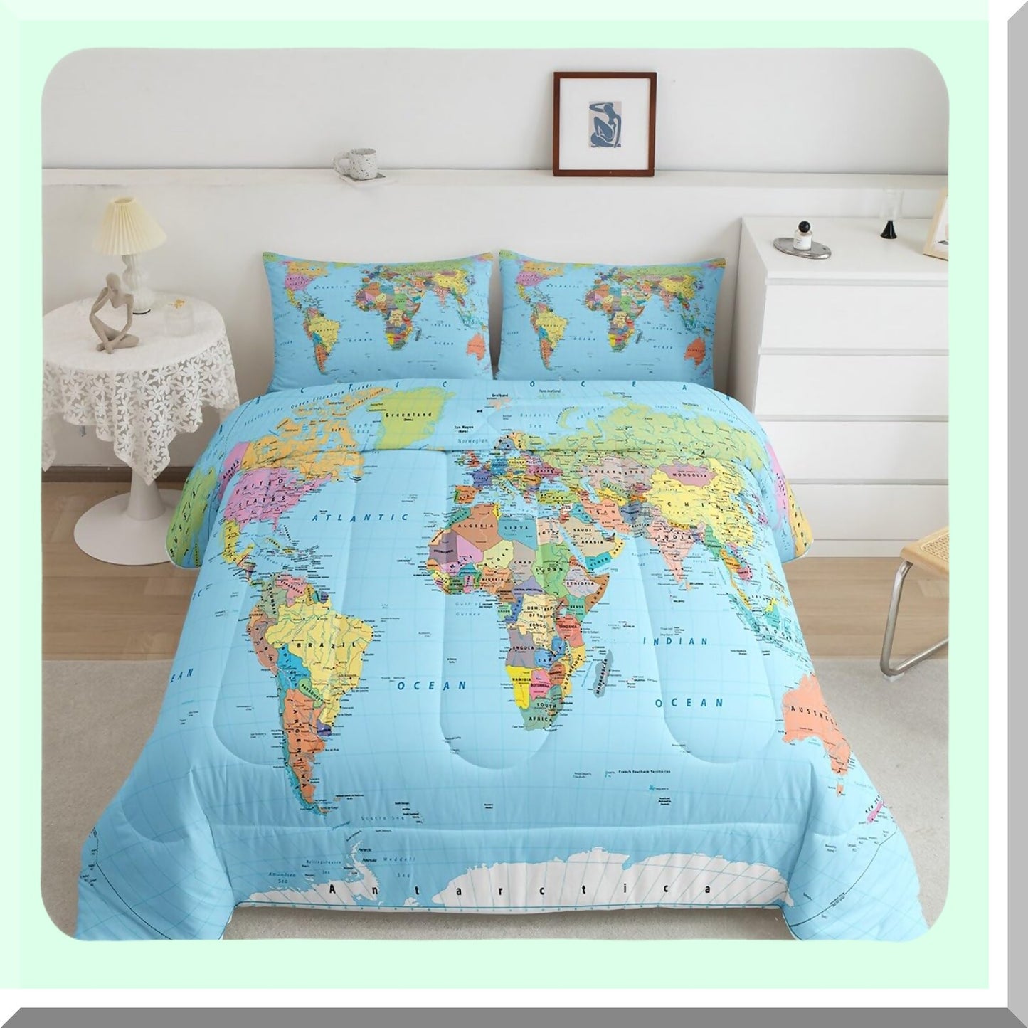 Geography Bliss Comforter Set - Queen Size 3D World Map Bedding with Blue Ocean Design, Europe Asia Africa Theme, All Season Down Comforter for Multicolored Bedroom Decor