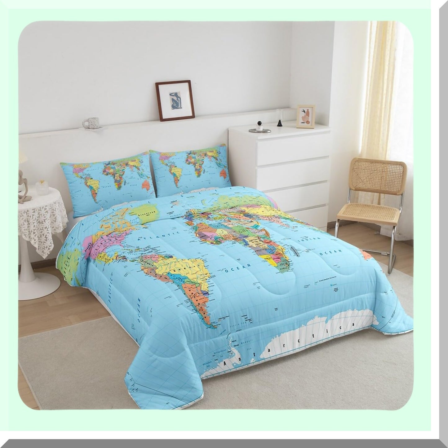 Geography Bliss Comforter Set - Queen Size 3D World Map Bedding with Blue Ocean Design, Europe Asia Africa Theme, All Season Down Comforter for Multicolored Bedroom Decor