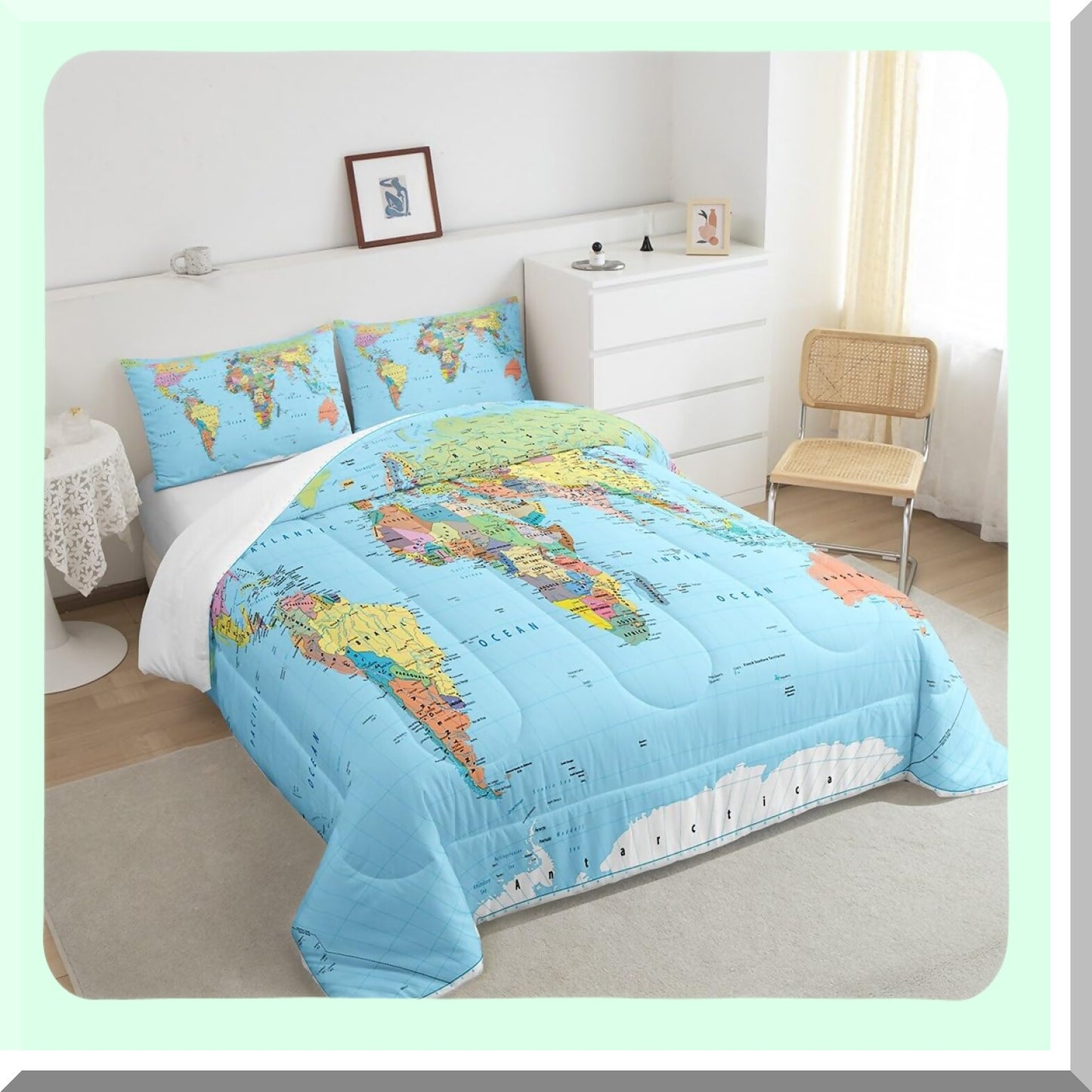 Geography Bliss Comforter Set - Queen Size 3D World Map Bedding with Blue Ocean Design, Europe Asia Africa Theme, All Season Down Comforter for Multicolored Bedroom Decor