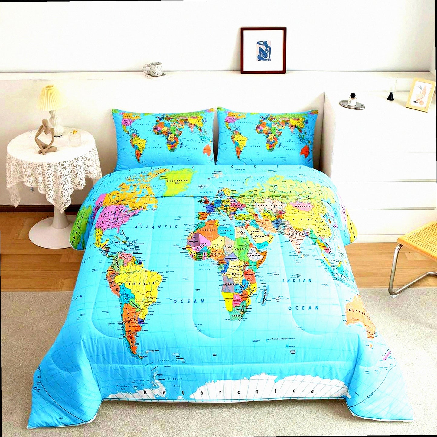 Geography Bliss Comforter Set - Queen Size 3D World Map Bedding with Blue Ocean Design, Europe Asia Africa Theme, All Season Down Comforter for Multicolored Bedroom Decor