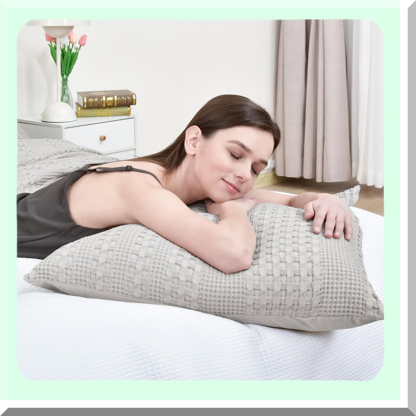 Luxury Cotton Waffle Throw Pillow Covers - Set of 2, 24x24 Square Shell Covers for Elegant Home Decor, No Insert Needed - Light Grey
