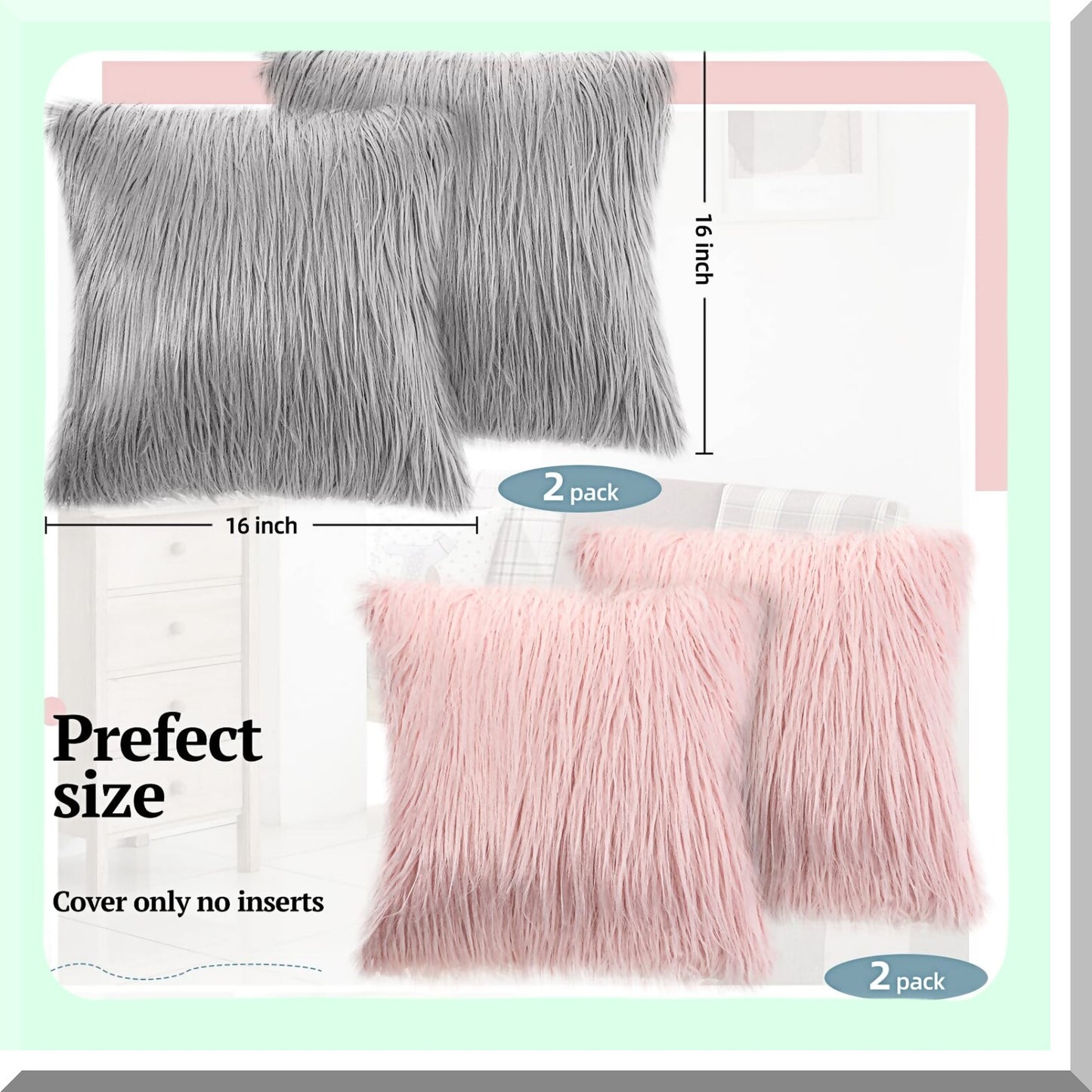 FuzzySoft Decorative Pillowcase Set - 4 Pack Square Cushion Cover for Sofa, Couch, Chair, Bed - Pink & Gray Throw Pillow Covers - 16 x 16 Inch