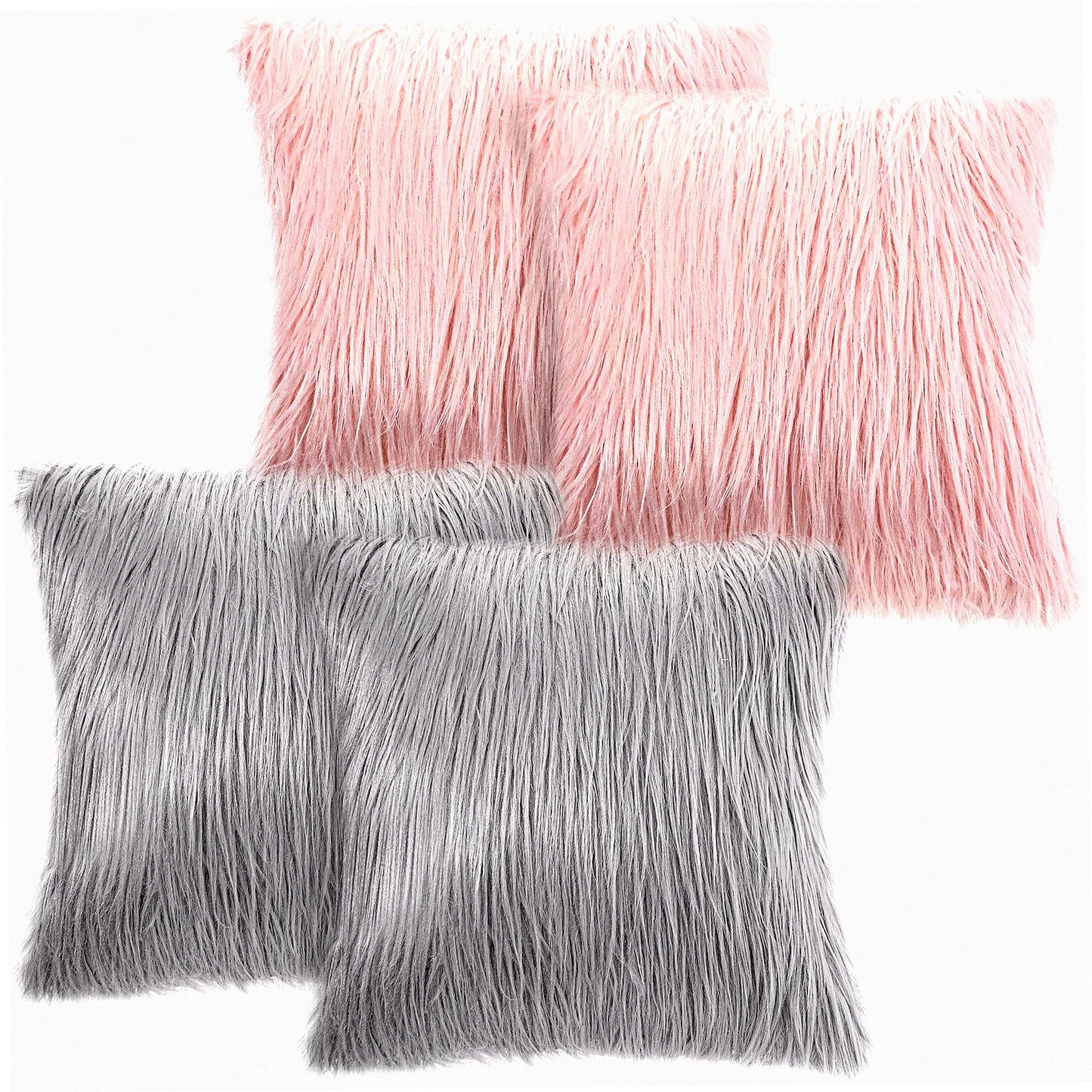 FuzzySoft Decorative Pillowcase Set - 4 Pack Square Cushion Cover for Sofa, Couch, Chair, Bed - Pink & Gray Throw Pillow Covers - 16 x 16 Inch