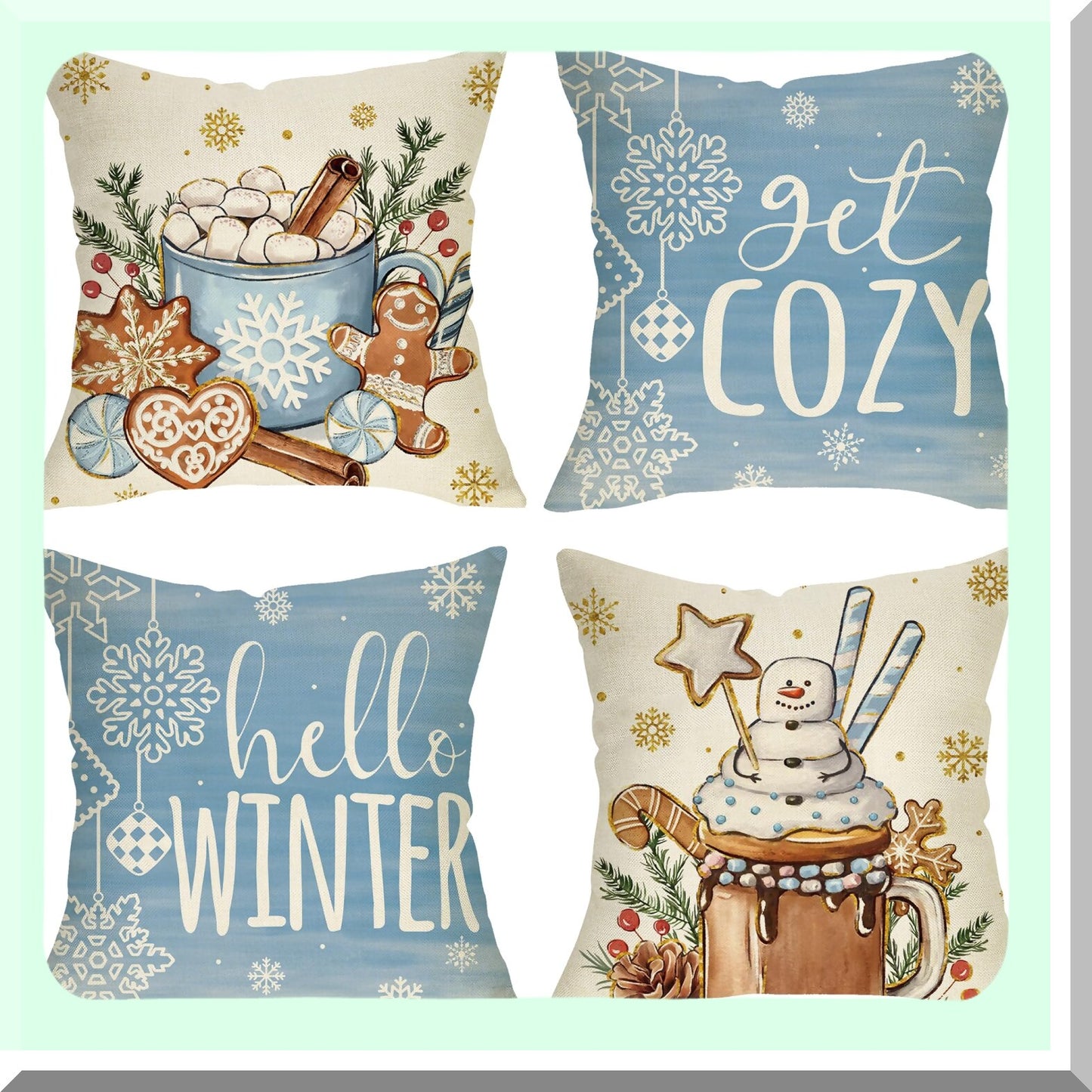 Winter Wonderland Cozy Throw Pillow Set - Blue Decorative Covers 18x18 (Set of 4) - Hot Cocoa Gingerbread Snowflakes Outdoor Home Decor - Holly Berry Pine Cone Snow Seasonal Couch Case