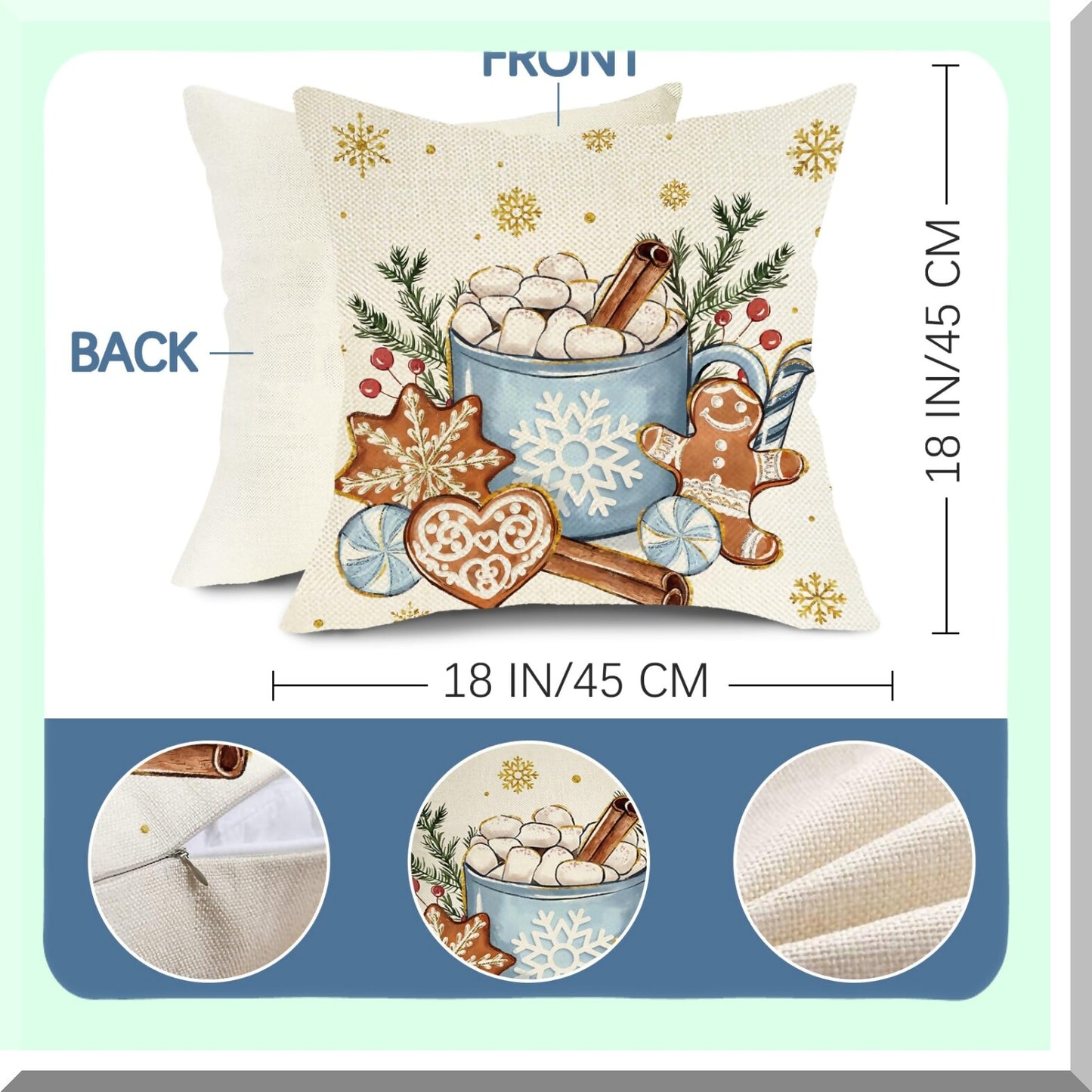 Winter Wonderland Cozy Throw Pillow Set - Blue Decorative Covers 18x18 (Set of 4) - Hot Cocoa Gingerbread Snowflakes Outdoor Home Decor - Holly Berry Pine Cone Snow Seasonal Couch Case
