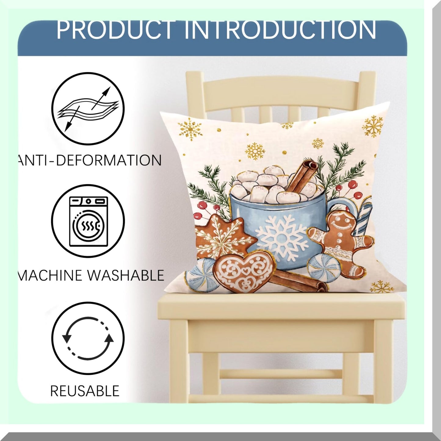 Winter Wonderland Cozy Throw Pillow Set - Blue Decorative Covers 18x18 (Set of 4) - Hot Cocoa Gingerbread Snowflakes Outdoor Home Decor - Holly Berry Pine Cone Snow Seasonal Couch Case