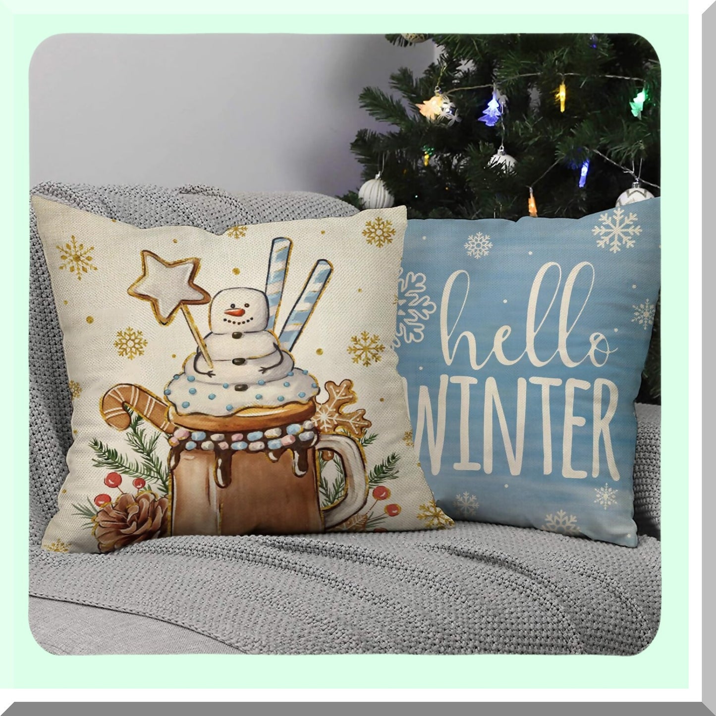 Winter Wonderland Cozy Throw Pillow Set - Blue Decorative Covers 18x18 (Set of 4) - Hot Cocoa Gingerbread Snowflakes Outdoor Home Decor - Holly Berry Pine Cone Snow Seasonal Couch Case