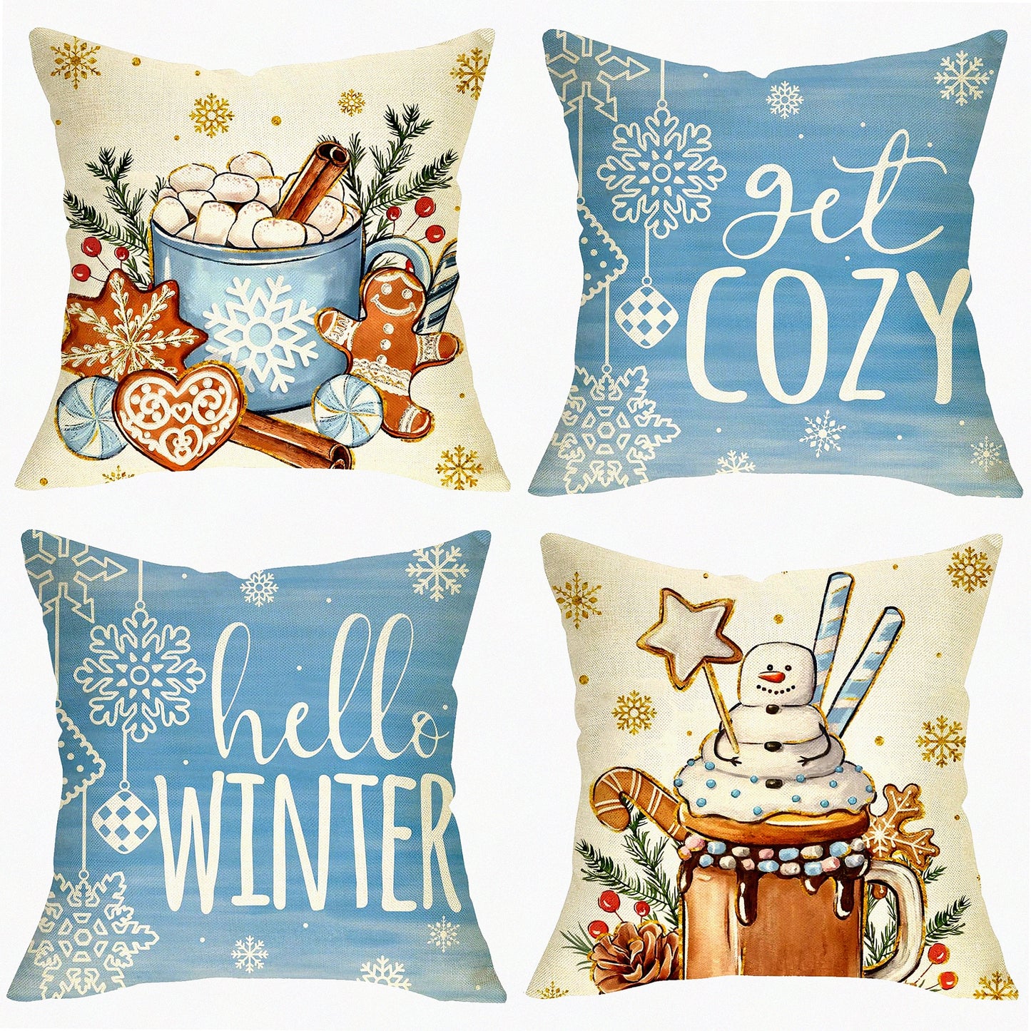 Winter Wonderland Cozy Throw Pillow Set - Blue Decorative Covers 18x18 (Set of 4) - Hot Cocoa Gingerbread Snowflakes Outdoor Home Decor - Holly Berry Pine Cone Snow Seasonal Couch Case