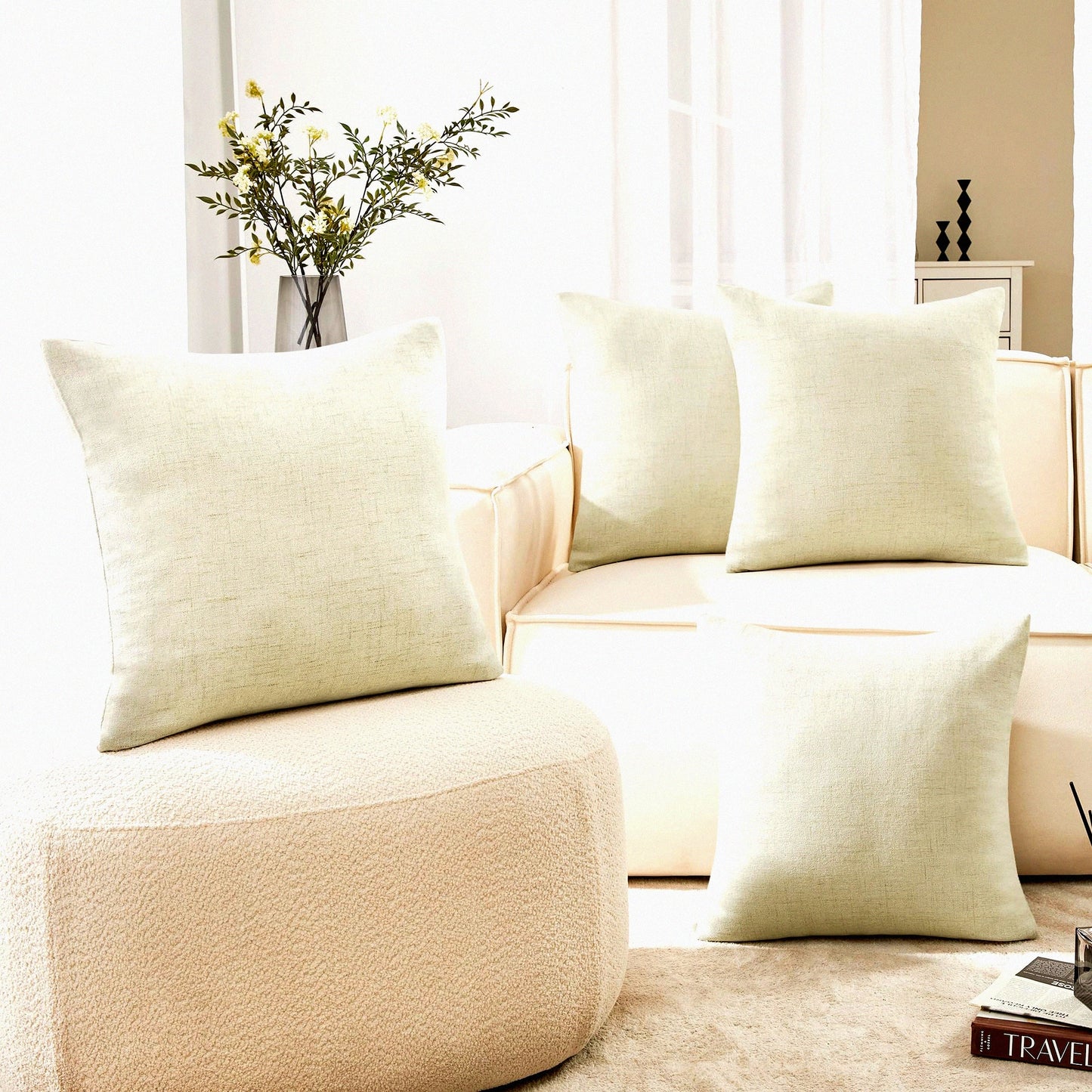 Luxe Linen 22x22 Pillow Cover Set - Textured Decorative Sham for Couch & Bed - Cream Cushion Case - Throw Pillow Protector (4 Pack)