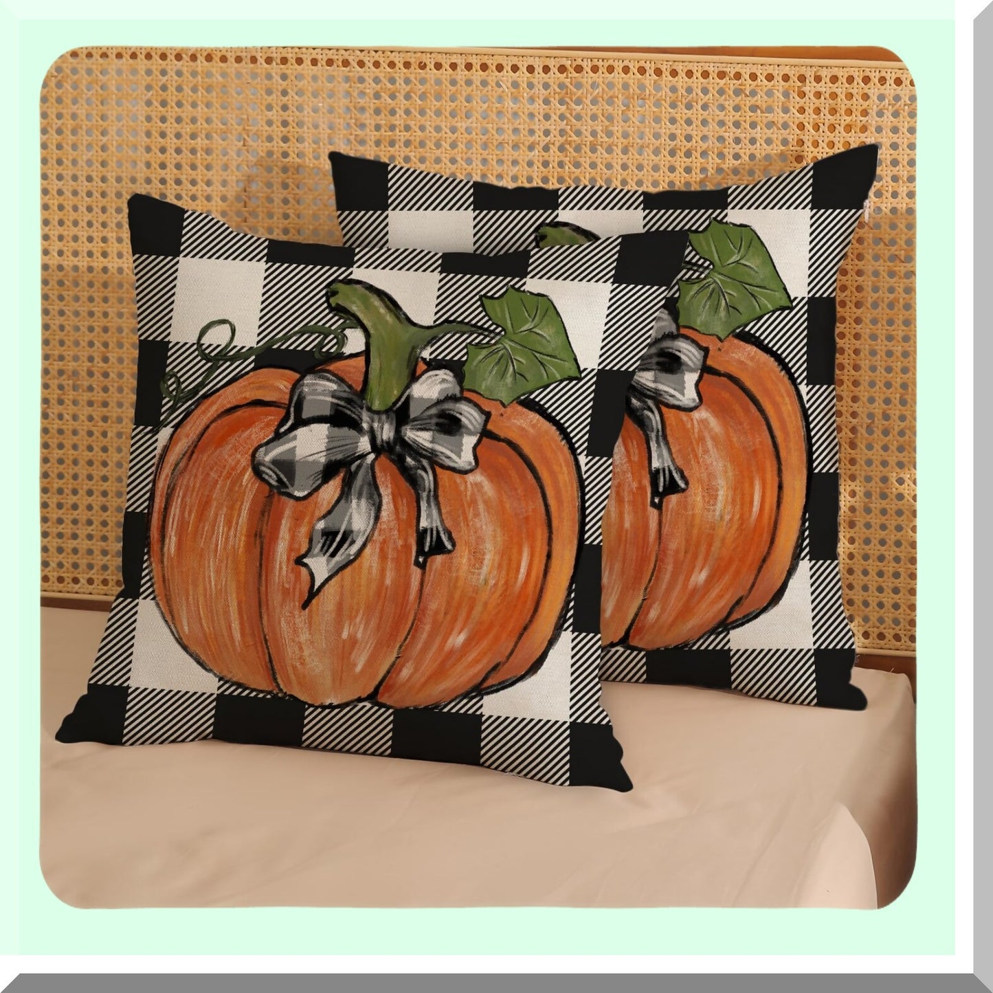 Autumn Harvest Buffalo Plaid Pillow Covers - Set of 2, Pumpkin Throw Pillows for Fall Decor, Seasonal Outdoor Thanksgiving Cushion Case - 18x18 Home Couch Decorations