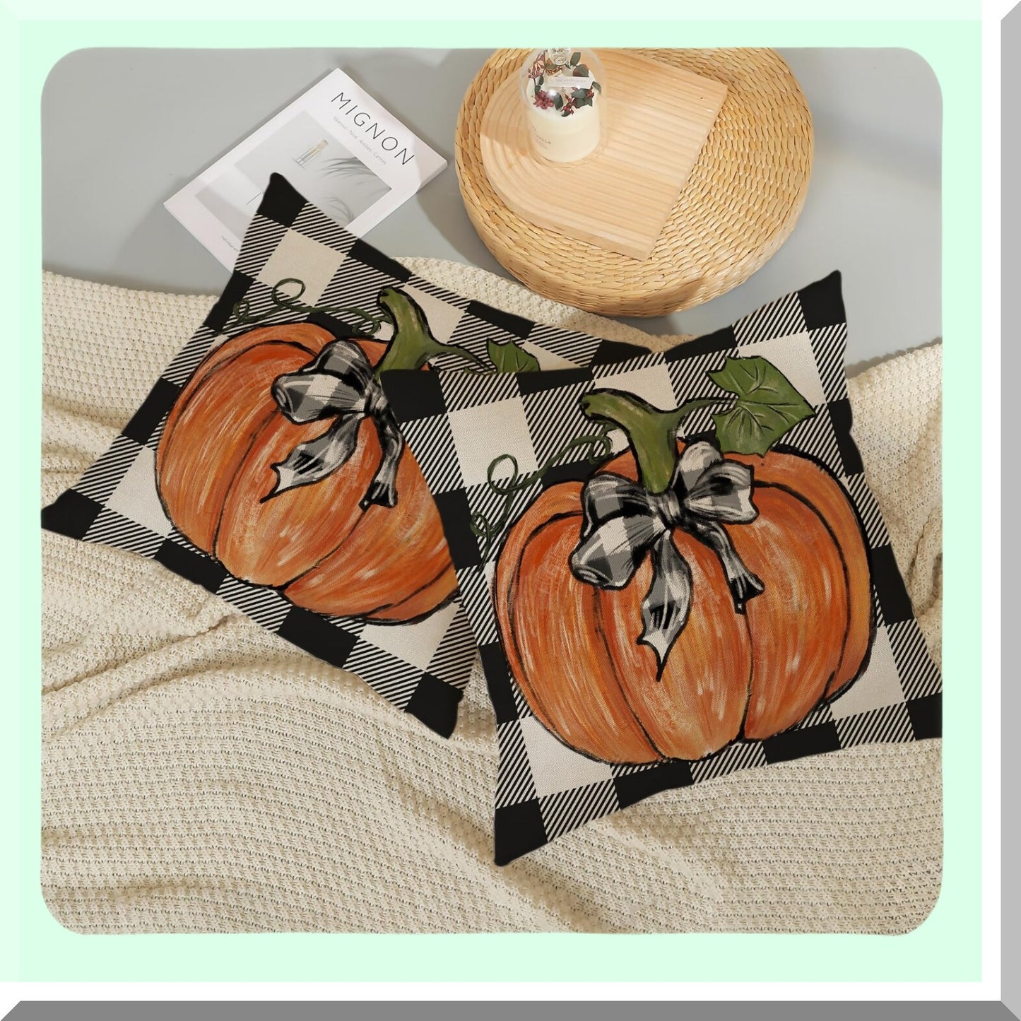 Autumn Harvest Buffalo Plaid Pillow Covers - Set of 2, Pumpkin Throw Pillows for Fall Decor, Seasonal Outdoor Thanksgiving Cushion Case - 18x18 Home Couch Decorations