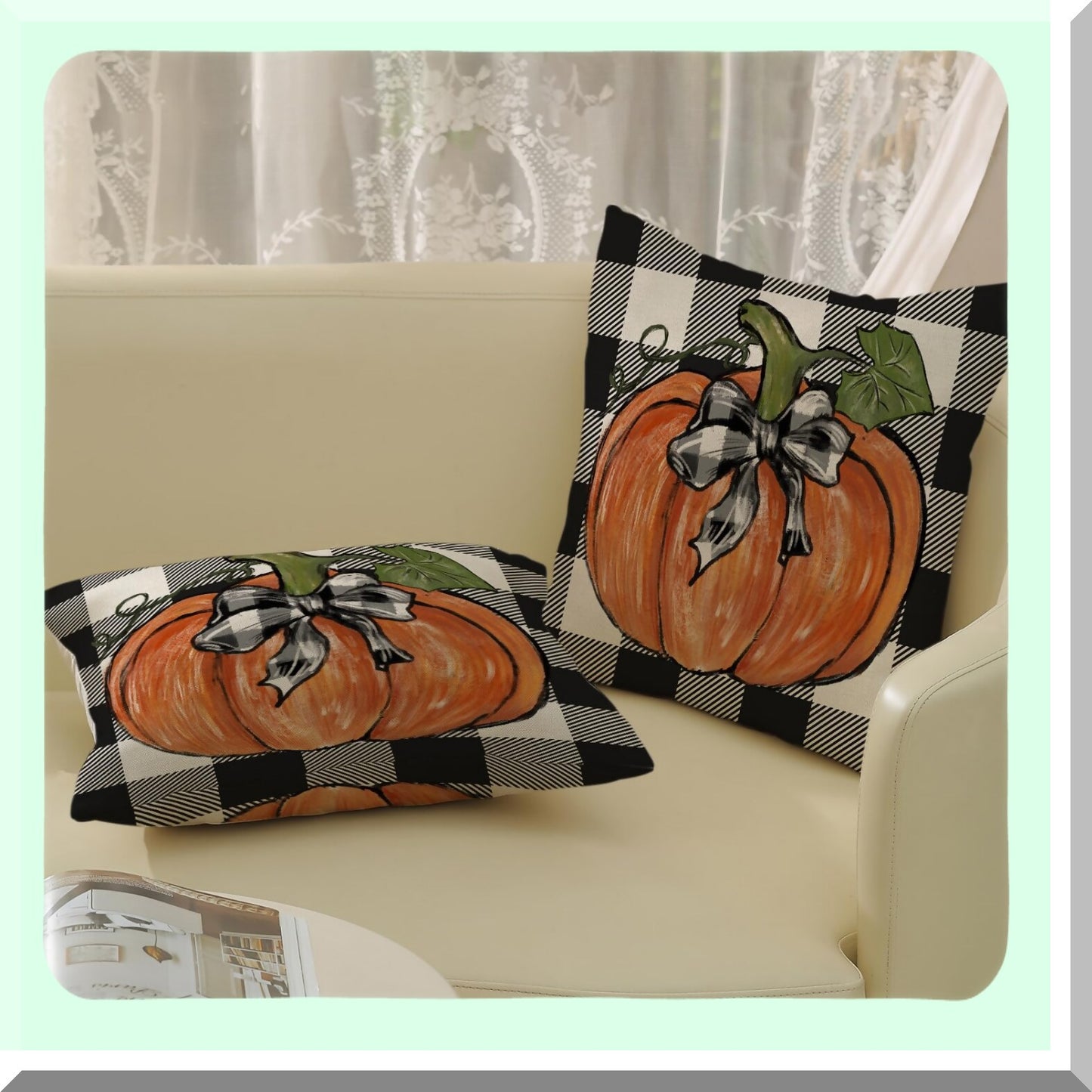 Autumn Harvest Buffalo Plaid Pillow Covers - Set of 2, Pumpkin Throw Pillows for Fall Decor, Seasonal Outdoor Thanksgiving Cushion Case - 18x18 Home Couch Decorations