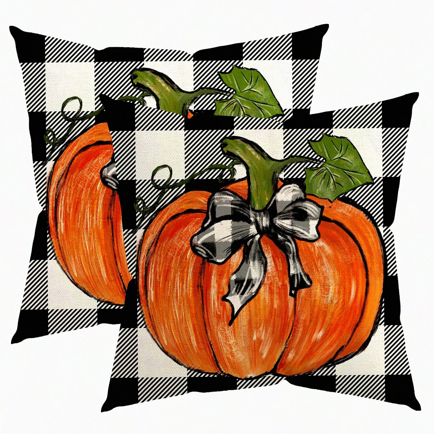 Autumn Harvest Buffalo Plaid Pillow Covers - Set of 2, Pumpkin Throw Pillows for Fall Decor, Seasonal Outdoor Thanksgiving Cushion Case - 18x18 Home Couch Decorations