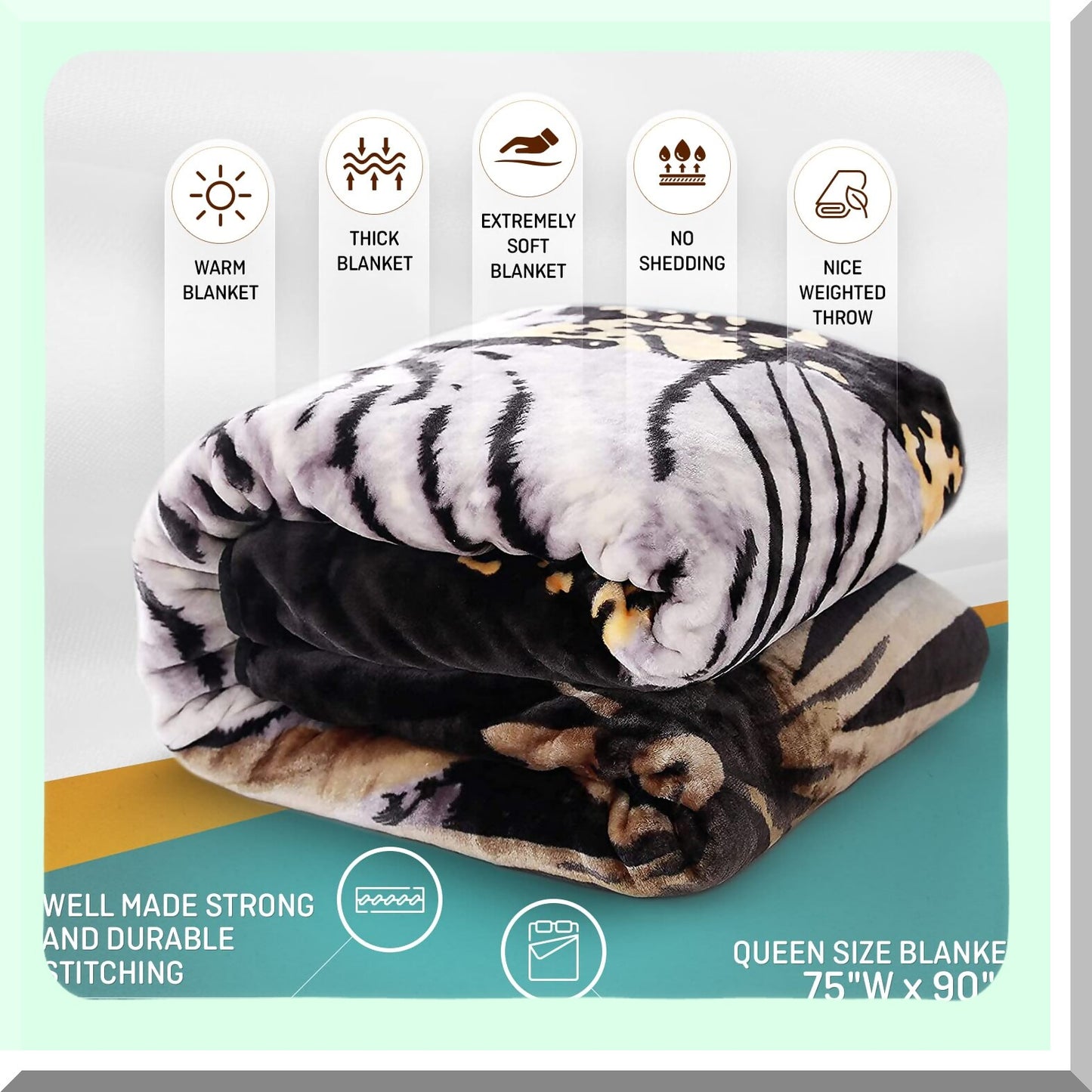 Royal Tiger Queen Size Mink Blanket - Ultra Soft, Heavy, and Warm Animal Print Bed Cover