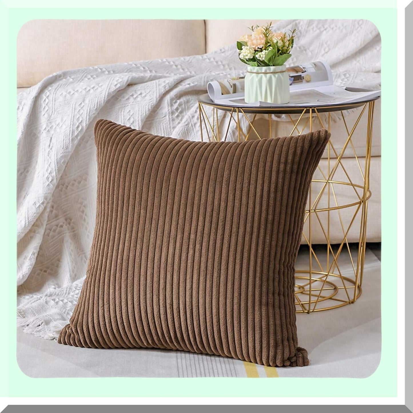 SoftStripe Cozy Corduroy Pillow Covers - Decorative Square Throw Cushion Case for Sofa Couch Bedroom Car Decor - Brown 16 x 16 Inches