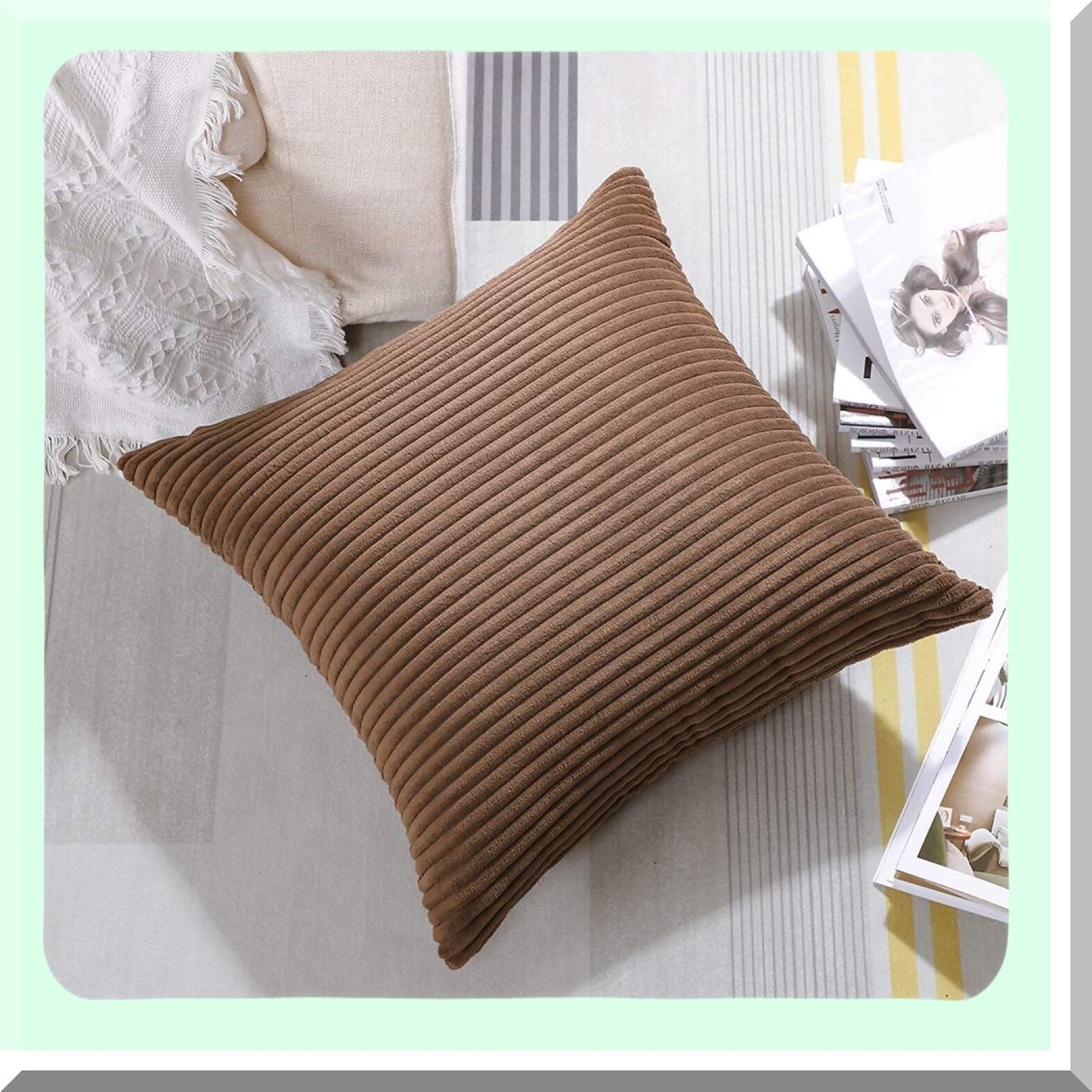 SoftStripe Cozy Corduroy Pillow Covers - Decorative Square Throw Cushion Case for Sofa Couch Bedroom Car Decor - Brown 16 x 16 Inches
