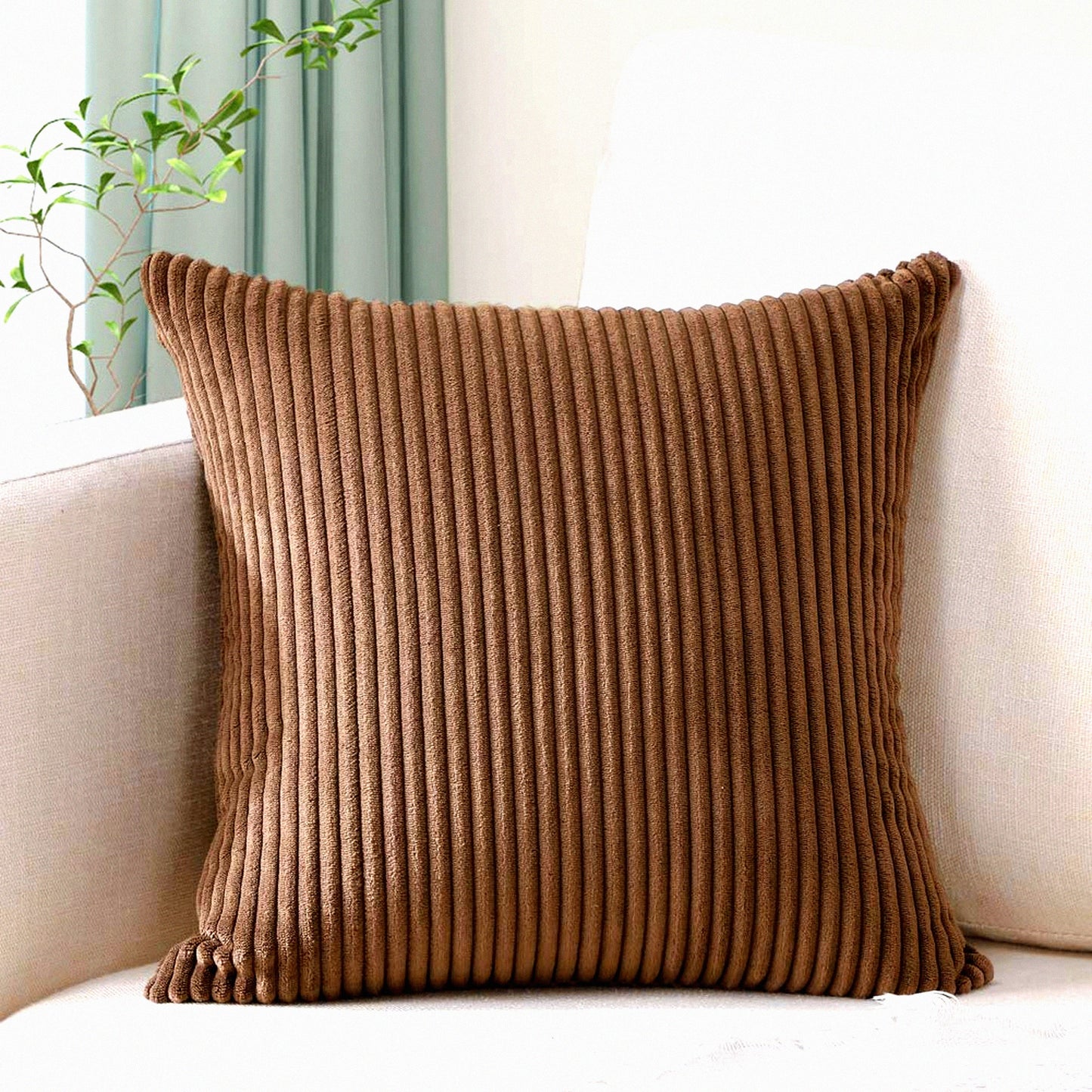 SoftStripe Cozy Corduroy Pillow Covers - Decorative Square Throw Cushion Case for Sofa Couch Bedroom Car Decor - Brown 16 x 16 Inches