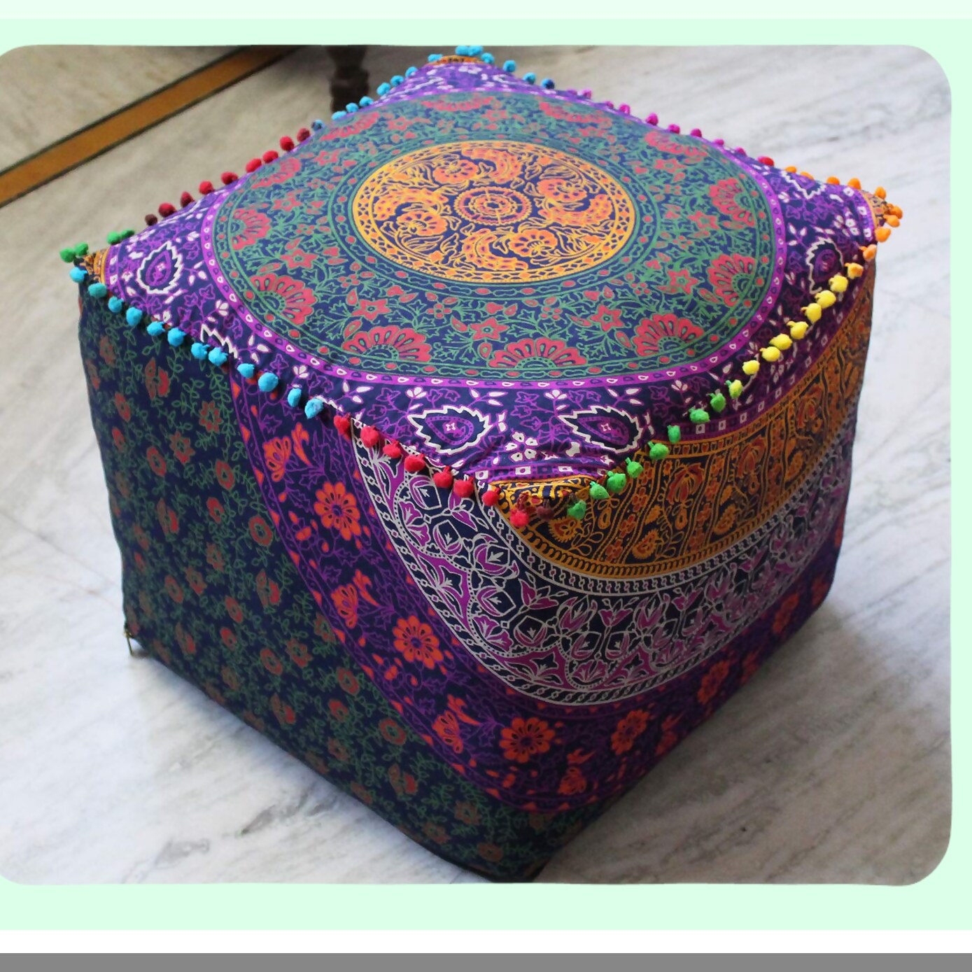 Bohemian Bliss Meditation Floor Pillow - Square Seating Cushion for Outdoor Living Room Decor - Hippie Throw Ottoman Pouf Cover 18X18X14 inches