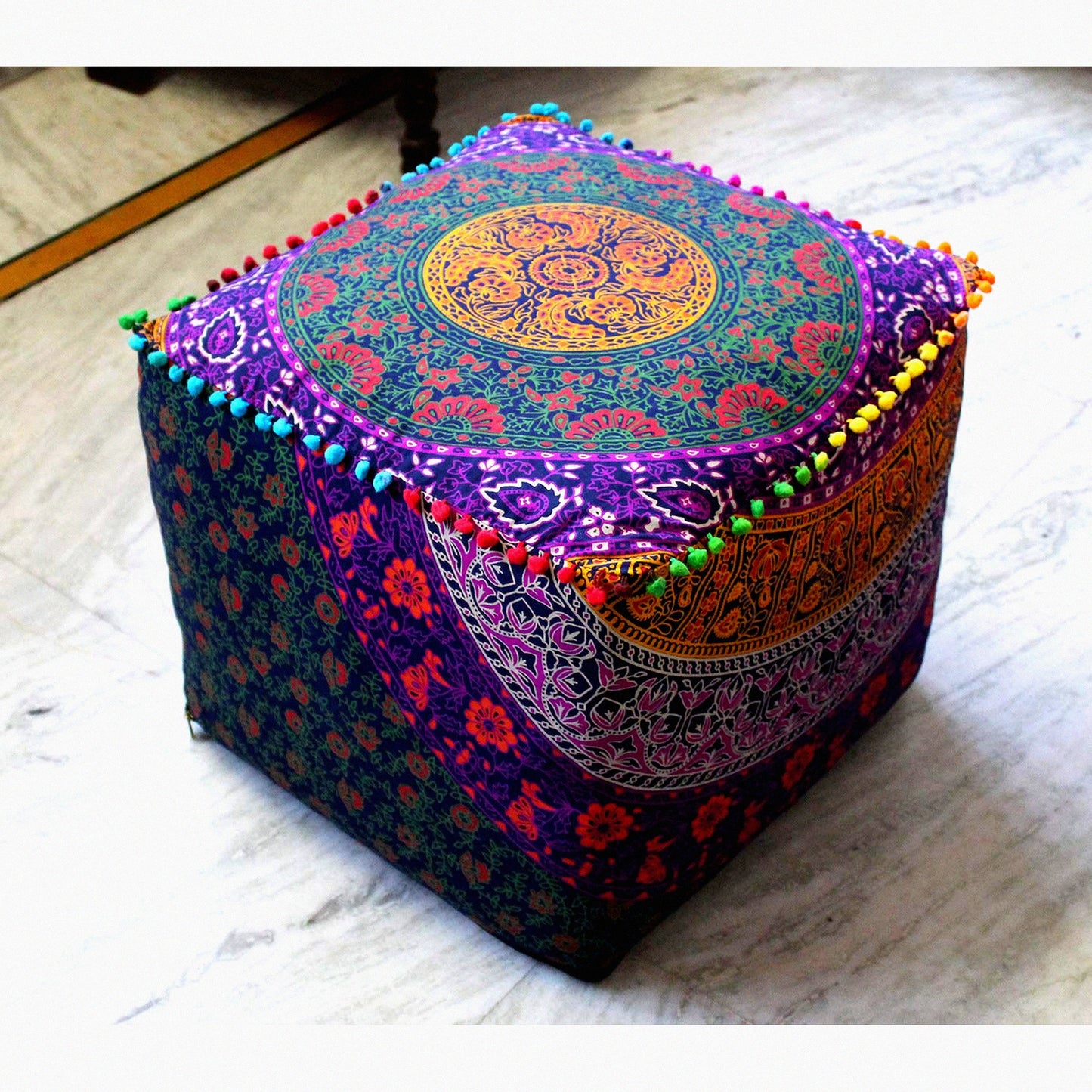 Bohemian Bliss Meditation Floor Pillow - Square Seating Cushion for Outdoor Living Room Decor - Hippie Throw Ottoman Pouf Cover 18X18X14 inches
