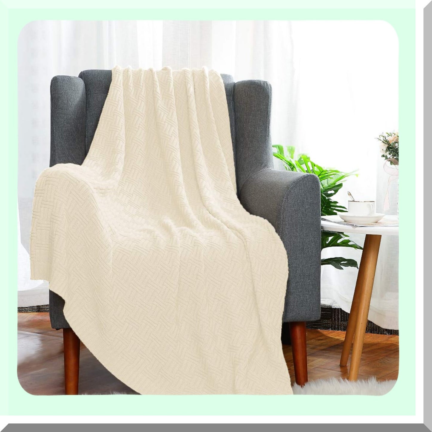 CozyCotton Cable Knit Throw - Soft Lightweight Textured Sofa Blanket, Beige 50"x60"