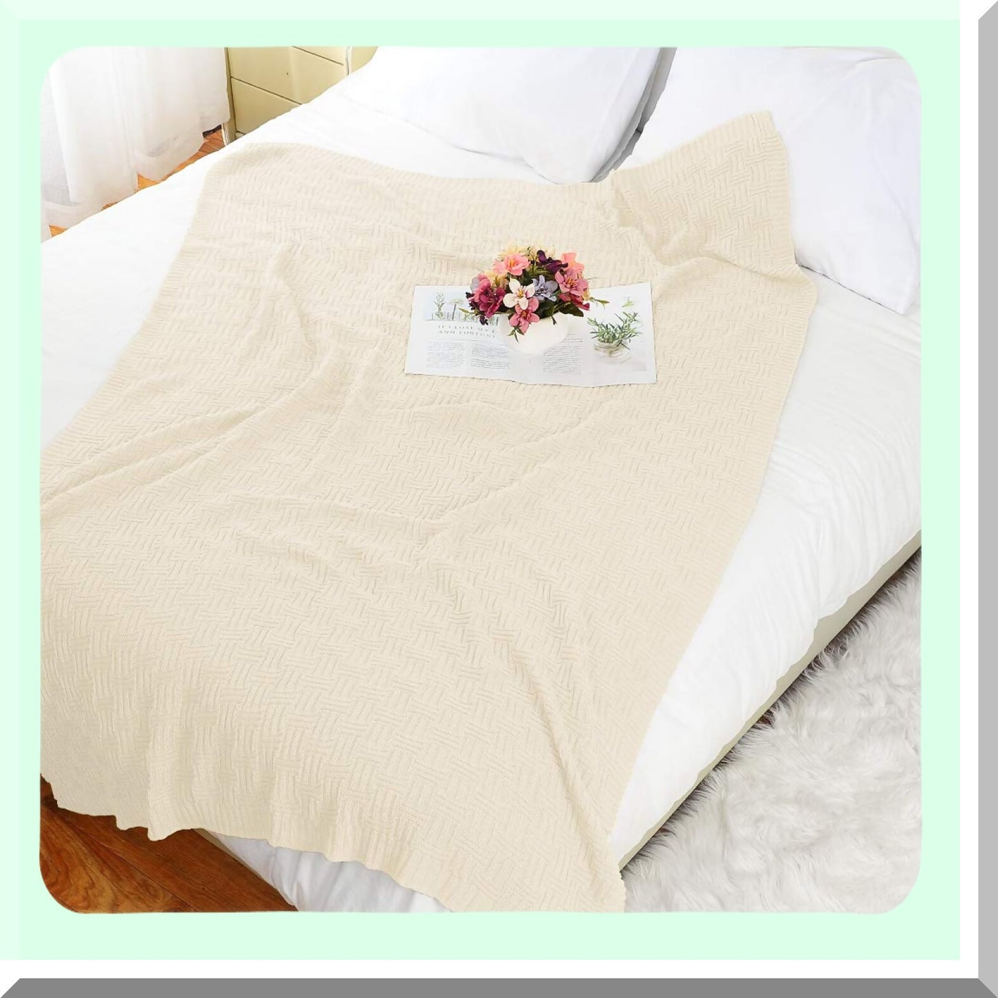 CozyCotton Cable Knit Throw - Soft Lightweight Textured Sofa Blanket, Beige 50"x60"