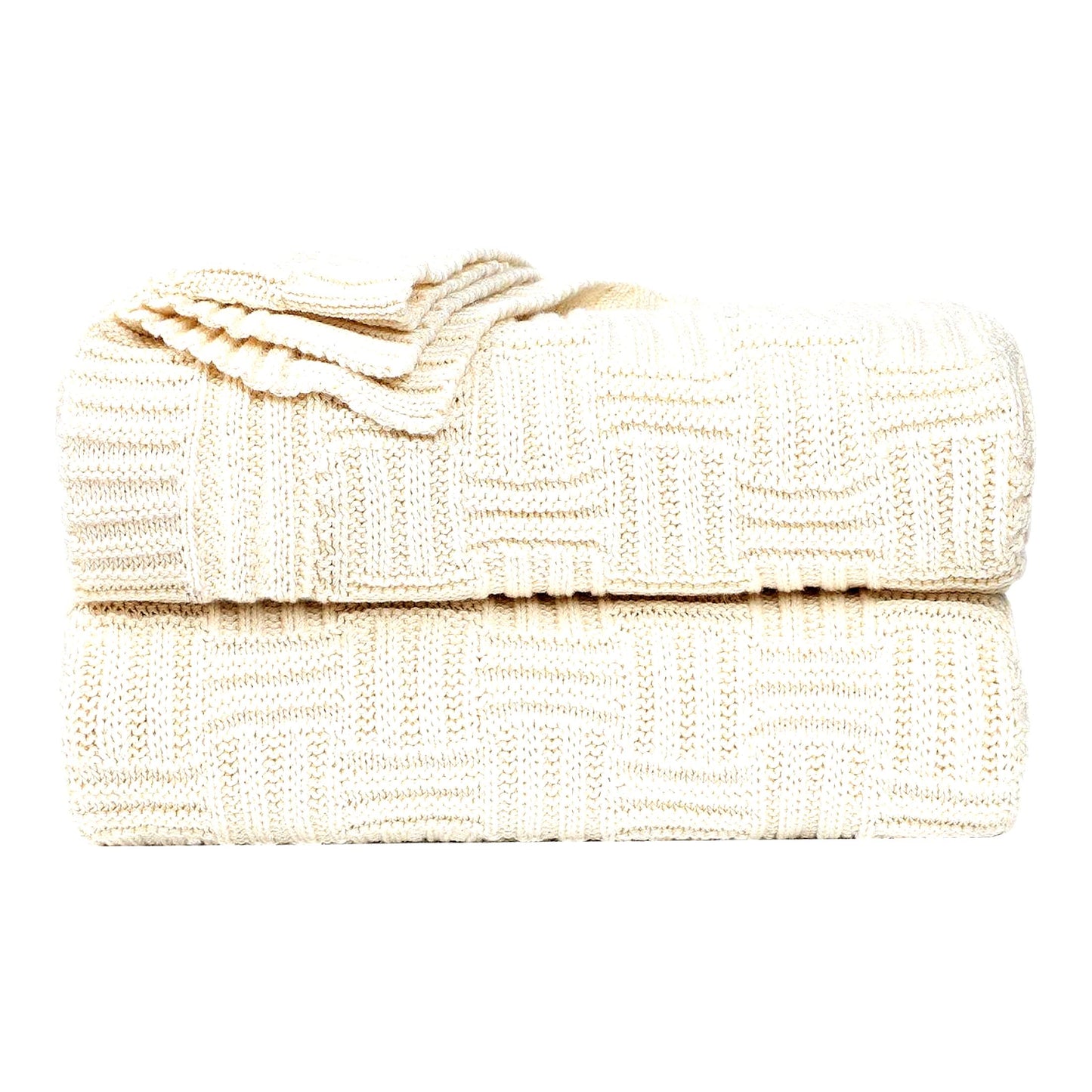 CozyCotton Cable Knit Throw - Soft Lightweight Textured Sofa Blanket, Beige 50"x60"