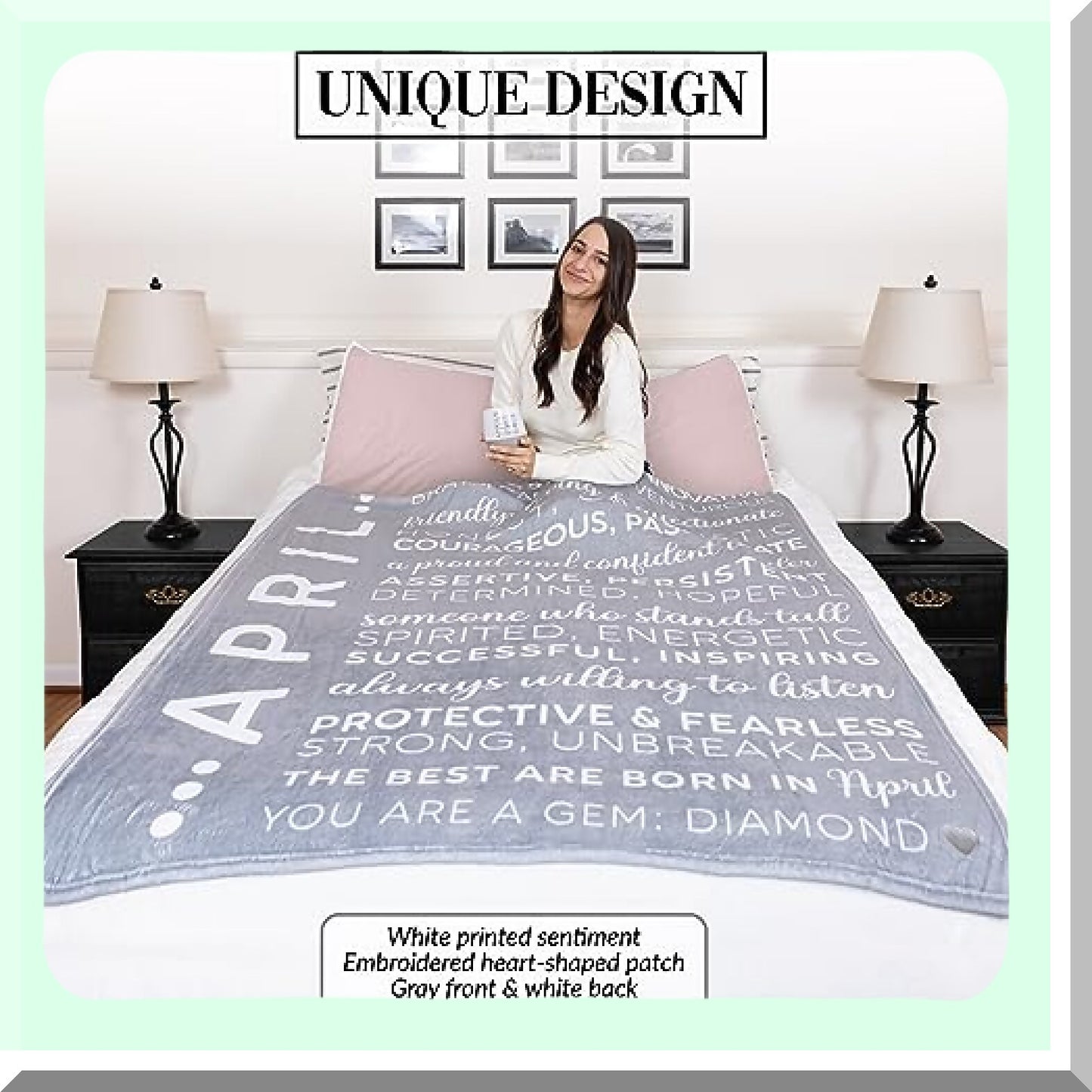 April Birth Month Royal Plush Blanket - Silver Embroidered Heart, Birthday Throw, 50 x 60-inch, Gray