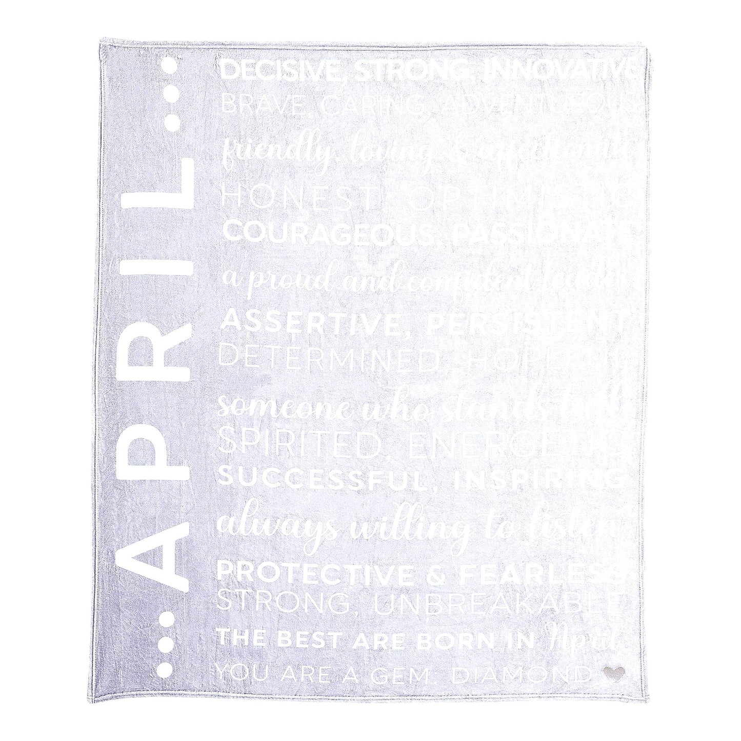 April Birth Month Royal Plush Blanket - Silver Embroidered Heart, Birthday Throw, 50 x 60-inch, Gray