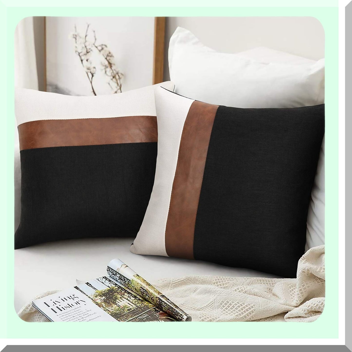Black & White Modern Leather Linen Throw Pillow Covers - Set of 2 | 18x18 Inch Decorative Accent Cover for Couch Sofa | Stylish Home Decor Accessory
