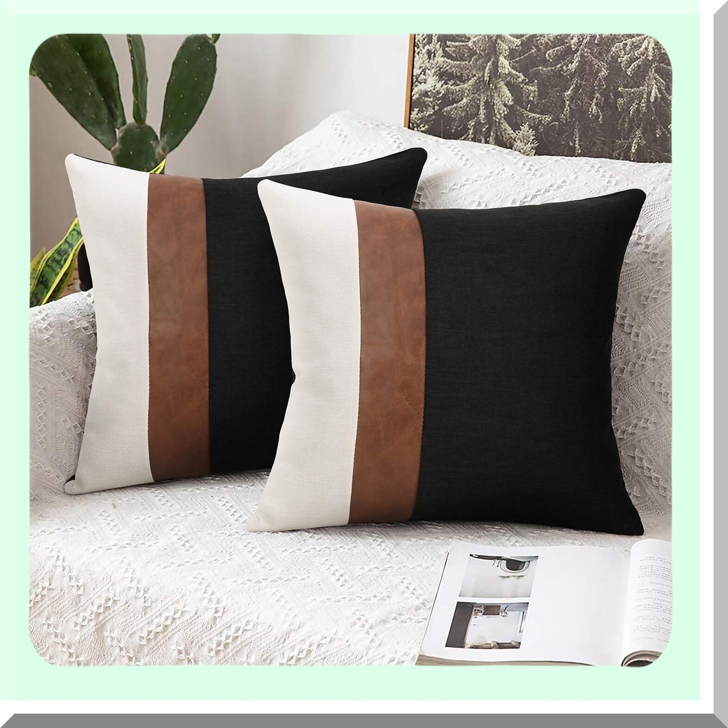 Black & White Modern Leather Linen Throw Pillow Covers - Set of 2 | 18x18 Inch Decorative Accent Cover for Couch Sofa | Stylish Home Decor Accessory