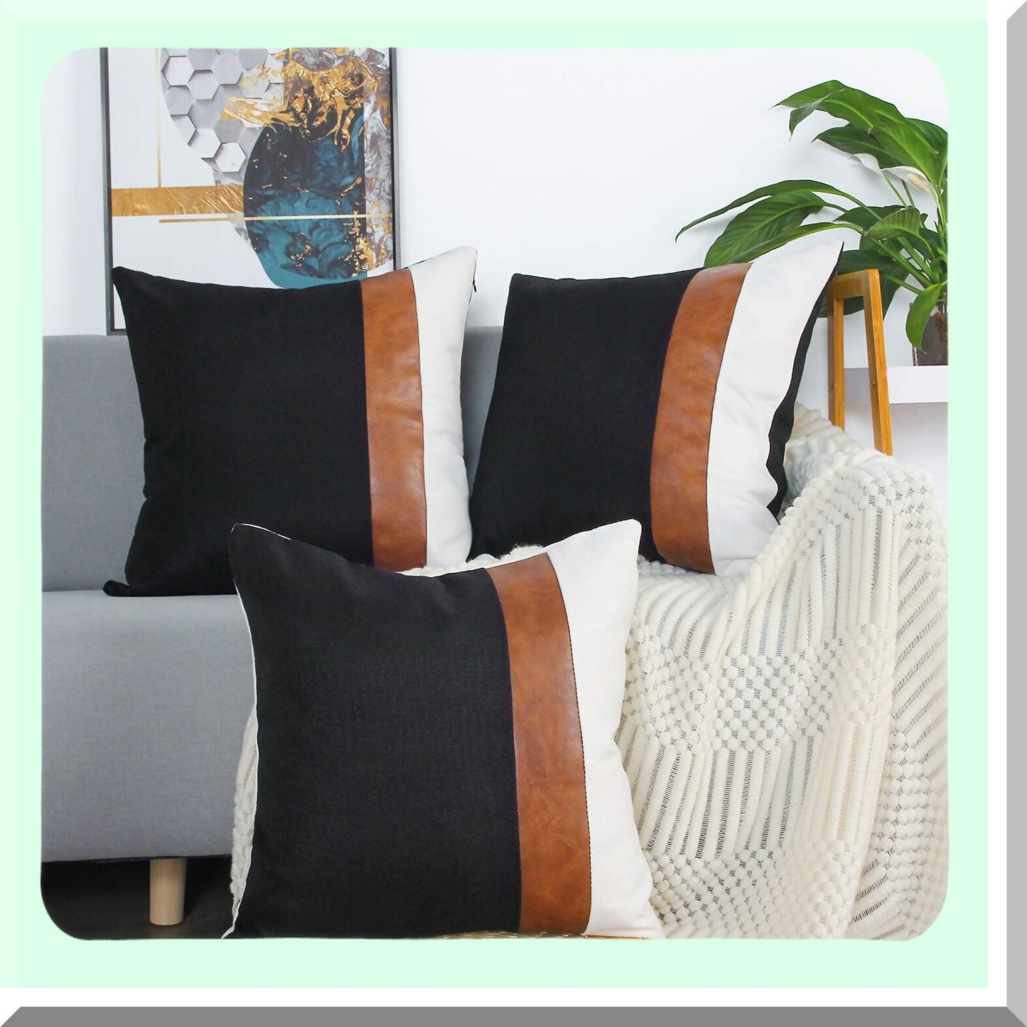 Black & White Modern Leather Linen Throw Pillow Covers - Set of 2 | 18x18 Inch Decorative Accent Cover for Couch Sofa | Stylish Home Decor Accessory