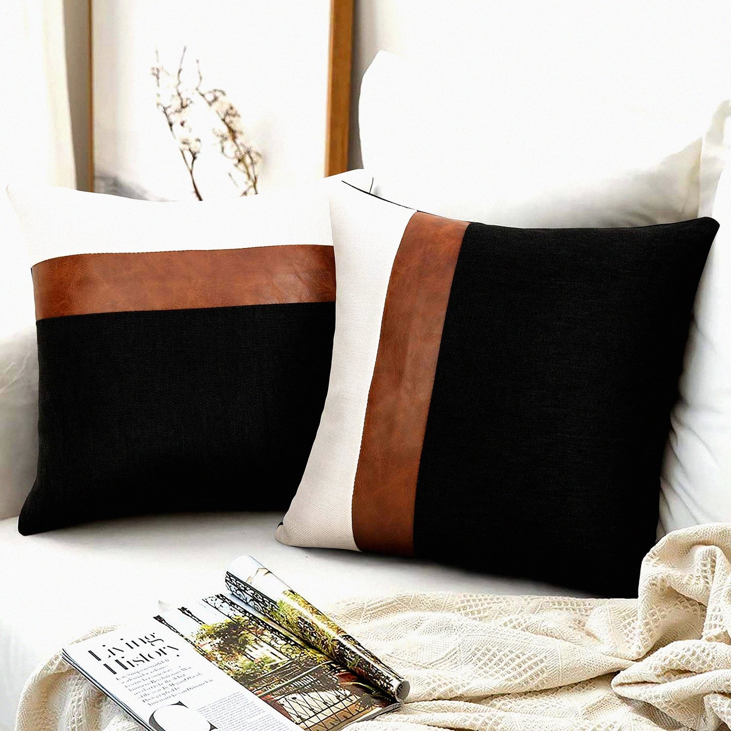 Black & White Modern Leather Linen Throw Pillow Covers - Set of 2 | 18x18 Inch Decorative Accent Cover for Couch Sofa | Stylish Home Decor Accessory