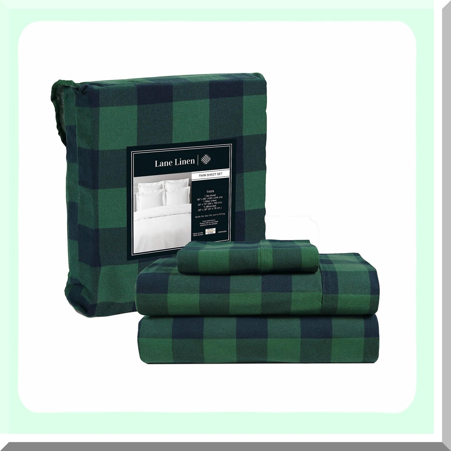CozyCheck Cotton Flannel Bedding Set - Twin Size 3-Piece Sheets, Lightweight & Breathable, Brushed for Extra Softness, Warm & Cozy, 16" Deep Pocket - Buffalo Check Green