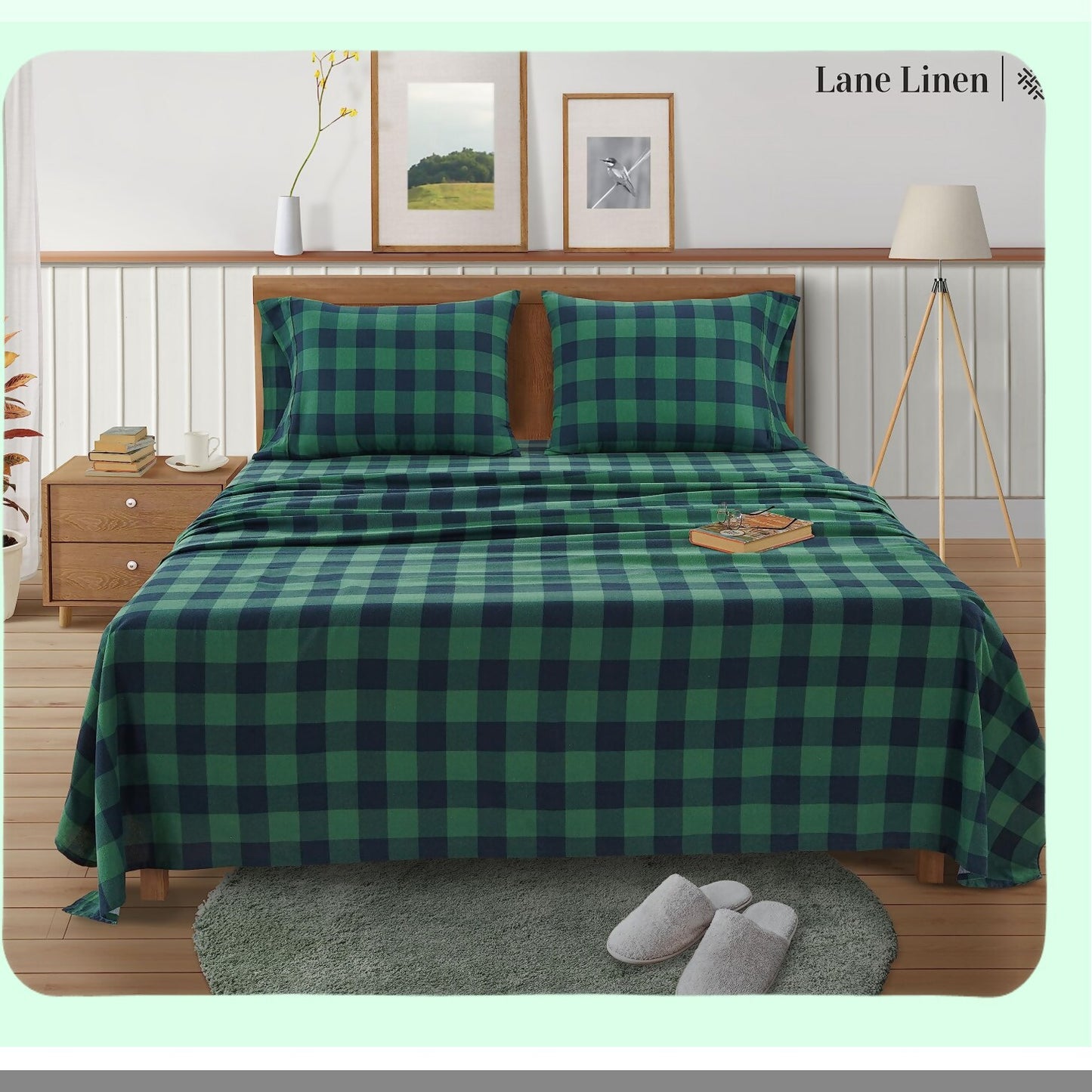 CozyCheck Cotton Flannel Bedding Set - Twin Size 3-Piece Sheets, Lightweight & Breathable, Brushed for Extra Softness, Warm & Cozy, 16" Deep Pocket - Buffalo Check Green