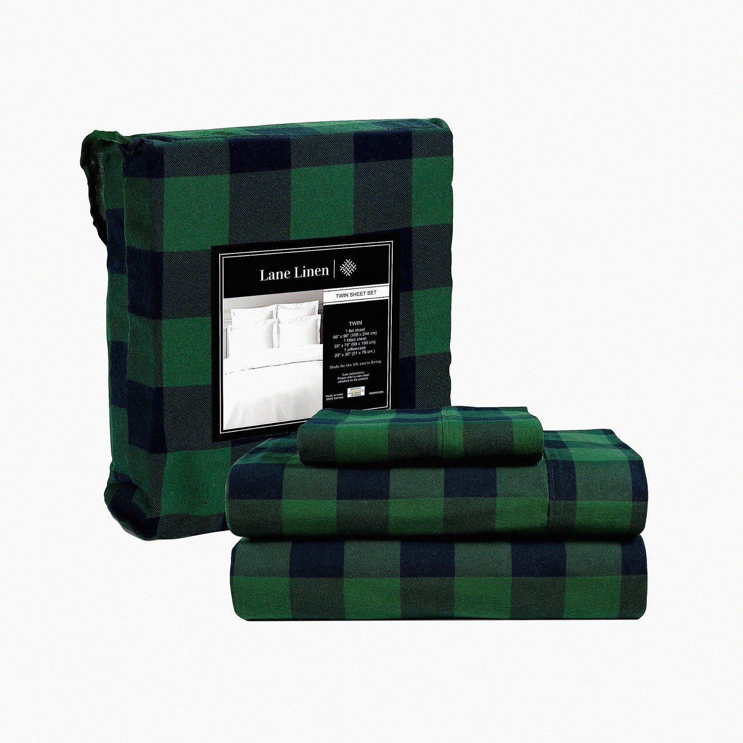 CozyCheck Cotton Flannel Bedding Set - Twin Size 3-Piece Sheets, Lightweight & Breathable, Brushed for Extra Softness, Warm & Cozy, 16" Deep Pocket - Buffalo Check Green