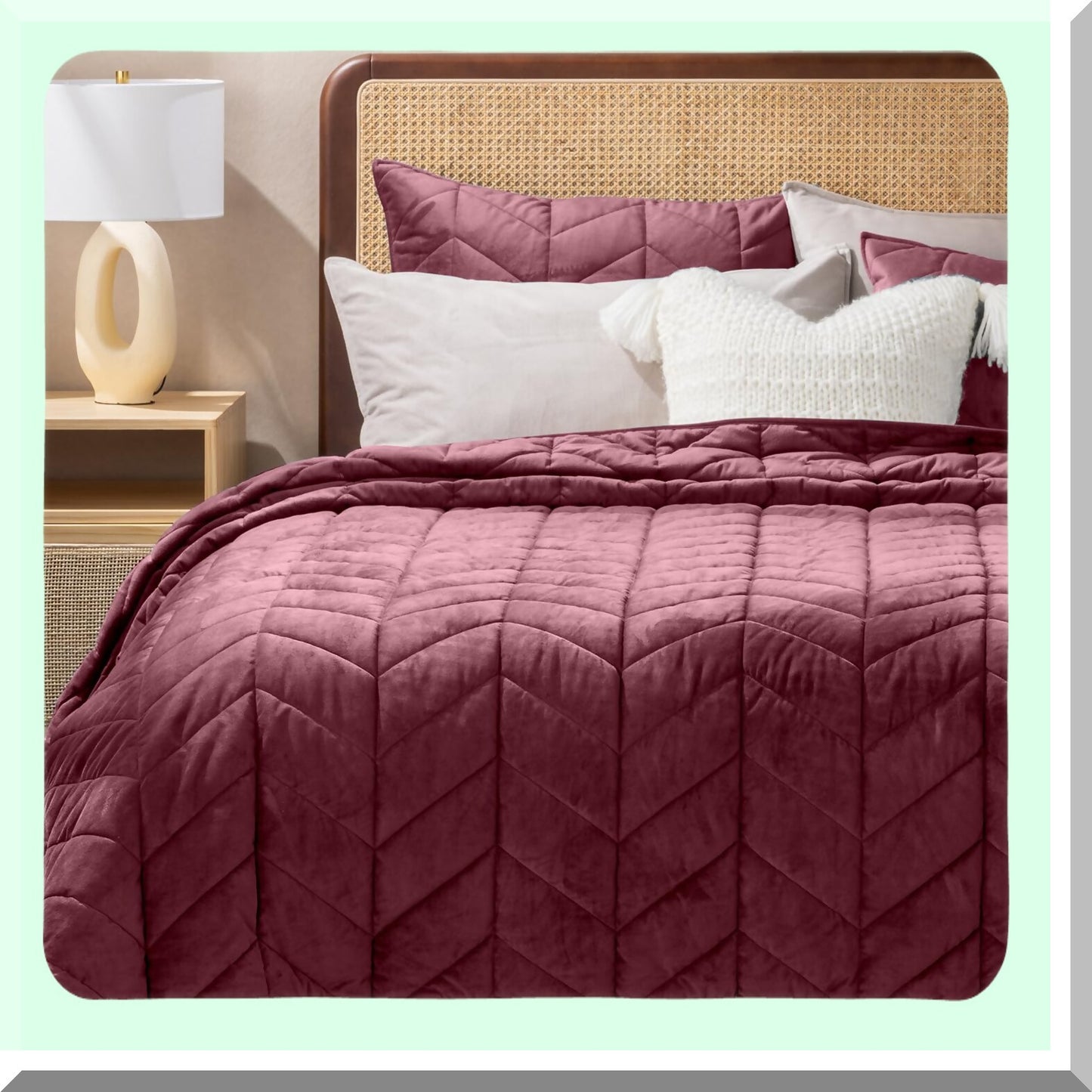 Diamond Velvet Luxe Quilt Set - Queen Size | Ultra Soft Lightweight Comforter | Matele Oversized Bedspread Coverlet for Winter | 3-Piece Set with 2 Shams | Burgundy, 92"x96"