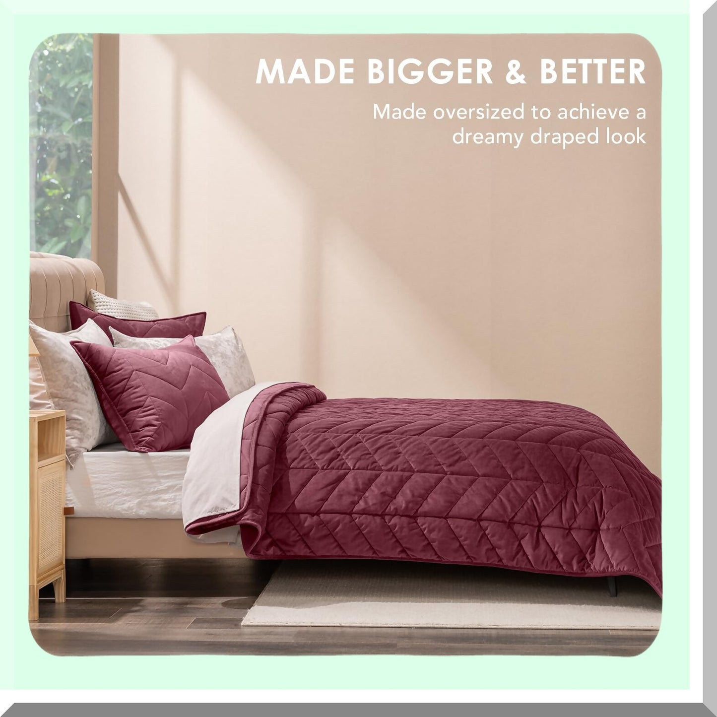Diamond Velvet Luxe Quilt Set - Queen Size | Ultra Soft Lightweight Comforter | Matele Oversized Bedspread Coverlet for Winter | 3-Piece Set with 2 Shams | Burgundy, 92"x96"
