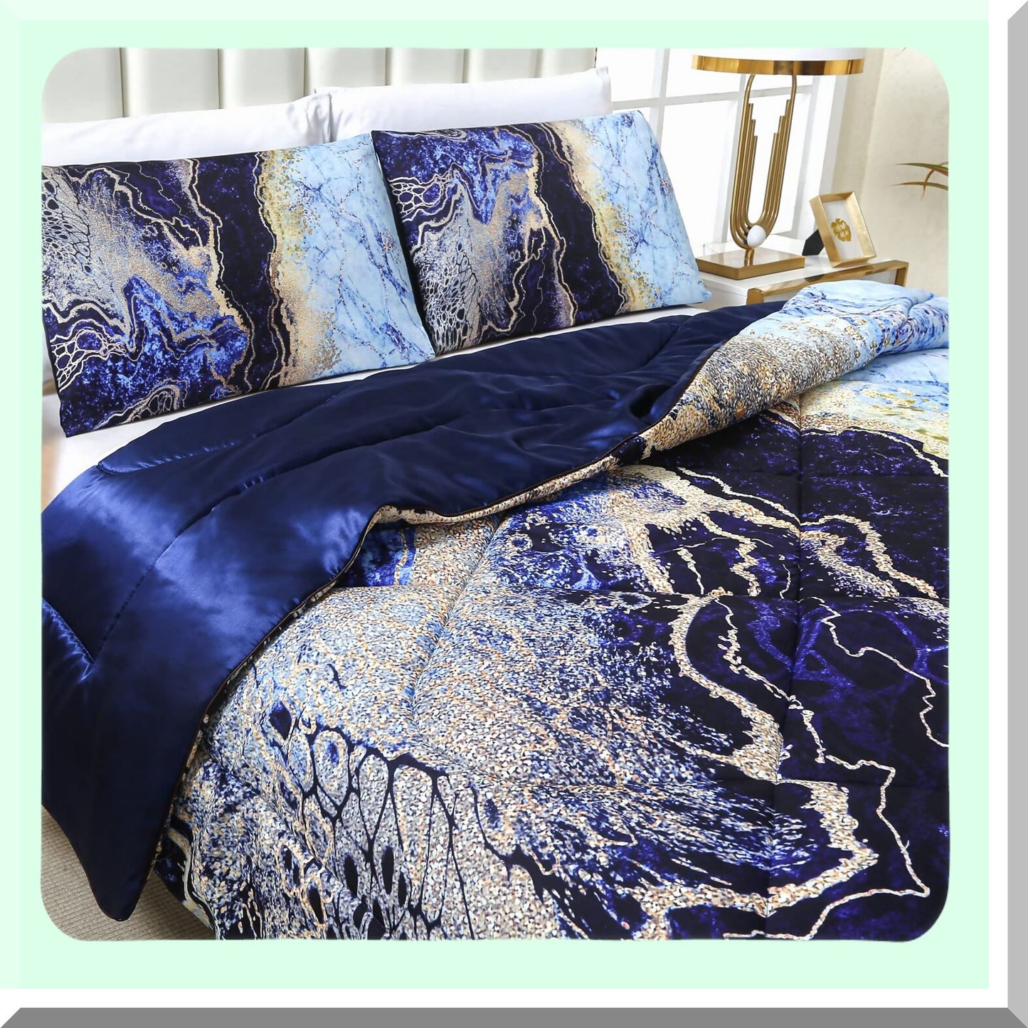 Volcanic Blue Marble Comforter Set - Queen Size 3 Pieces - Ultra Soft Microfiber Quilt - All Seasons - Watercolor Pattern Design - Silkly - Pillowcases